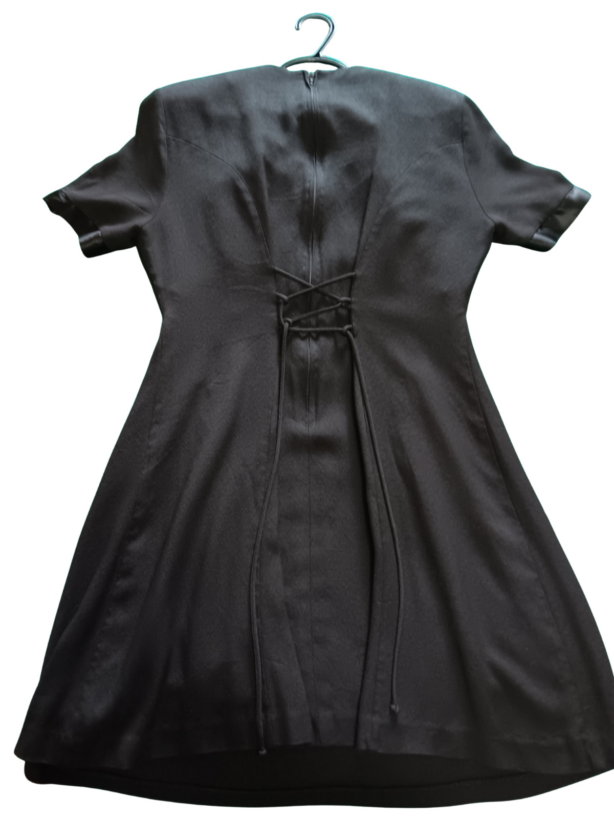 Vintage Emblem Petites Black Tuxedo Mini Dress Corset Lace-Up Back Goth 90s