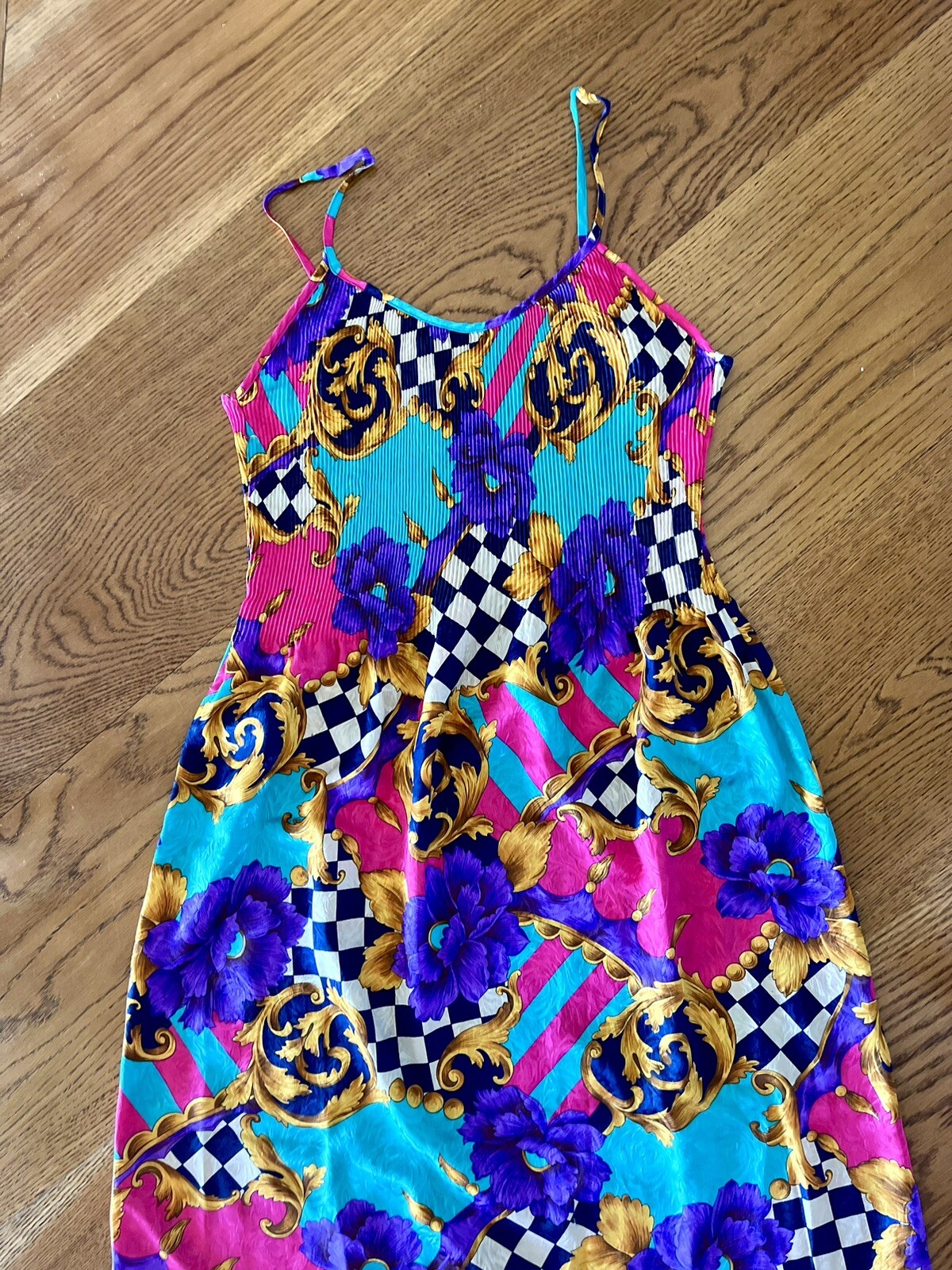 Vintage Georgette Trabolsi Colorful Artsy Print Lingerie Night Gown Slip Dress M