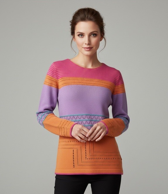VNTG White Horse Knit Sweater Boho Art To Wear Geometric Pink Purple Orange S/M
