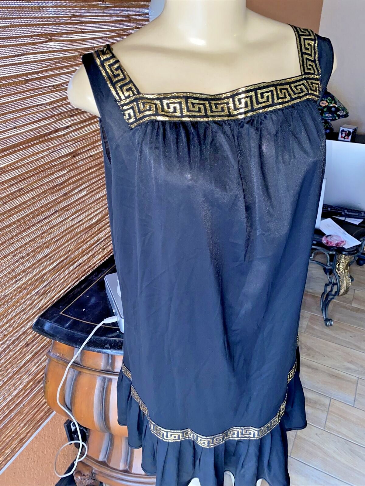 VTG Pinehurst Lingerie Greek Key Gold Metallic Trim Black Nightgown Rare LG PK1