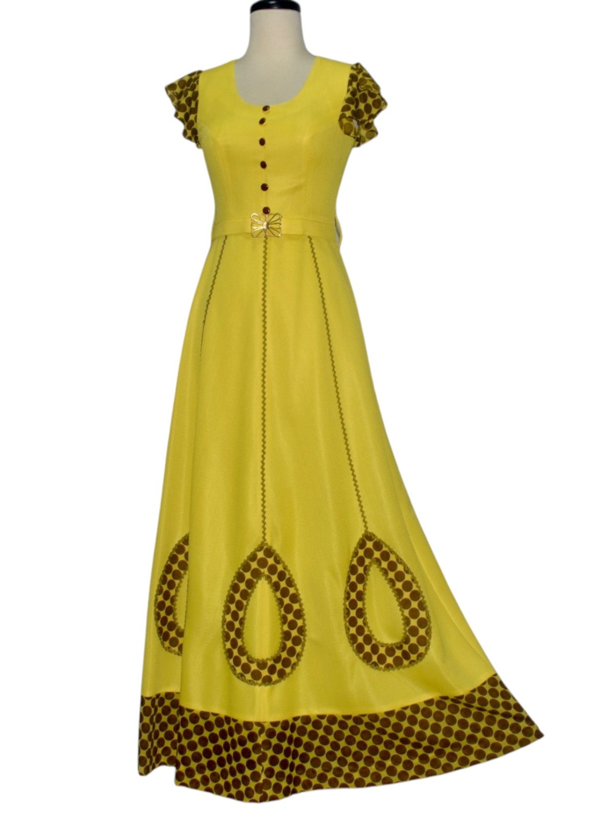 Vintage 60s 70s Mod Yellow Maxi Dress Polka Dot Flutter Sleeves Belt Lolita XS