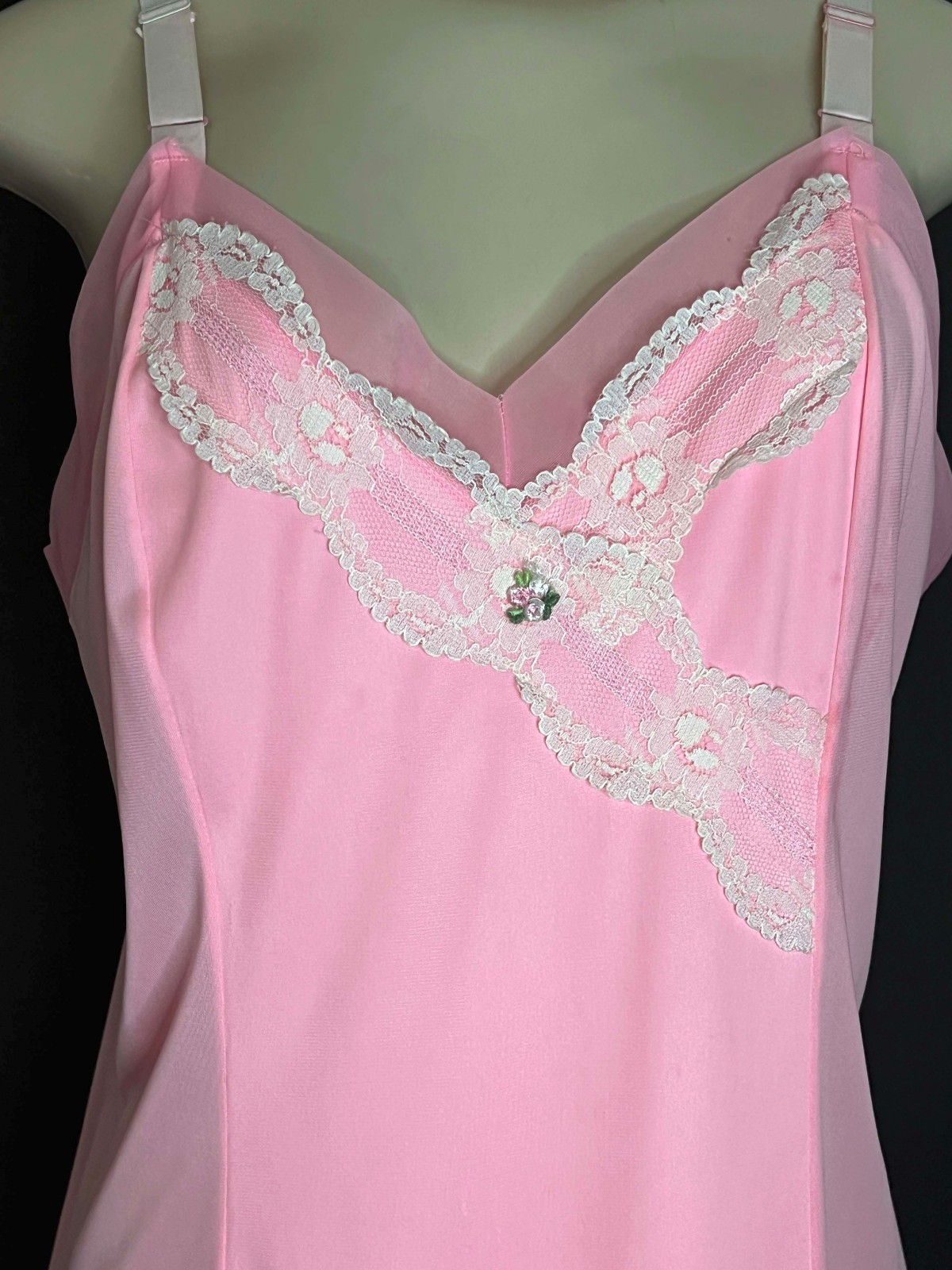 Vintage 50’s Pink Nylon Satin Slip/ Nightgown/ Lace Trim- Sz. 38
