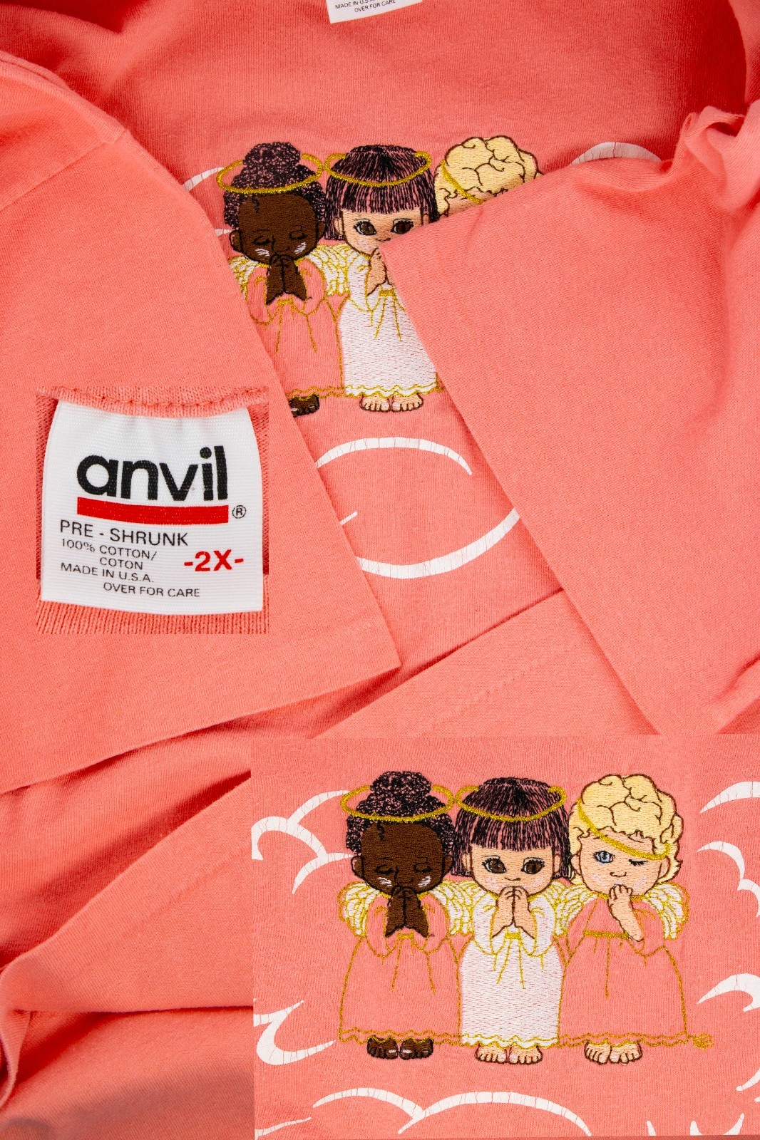Vtg 90s Anvil Made in USA Angel T-Shirt 2XL Single Stitch GrandmaCore Momcore