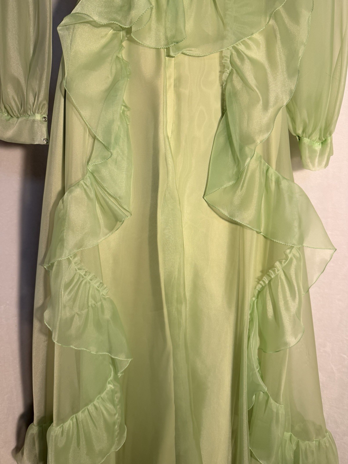 Vtg Mint Green Puffy Long Sleeve Maxi Cottagecore Prairie Ruffles Rare Dress