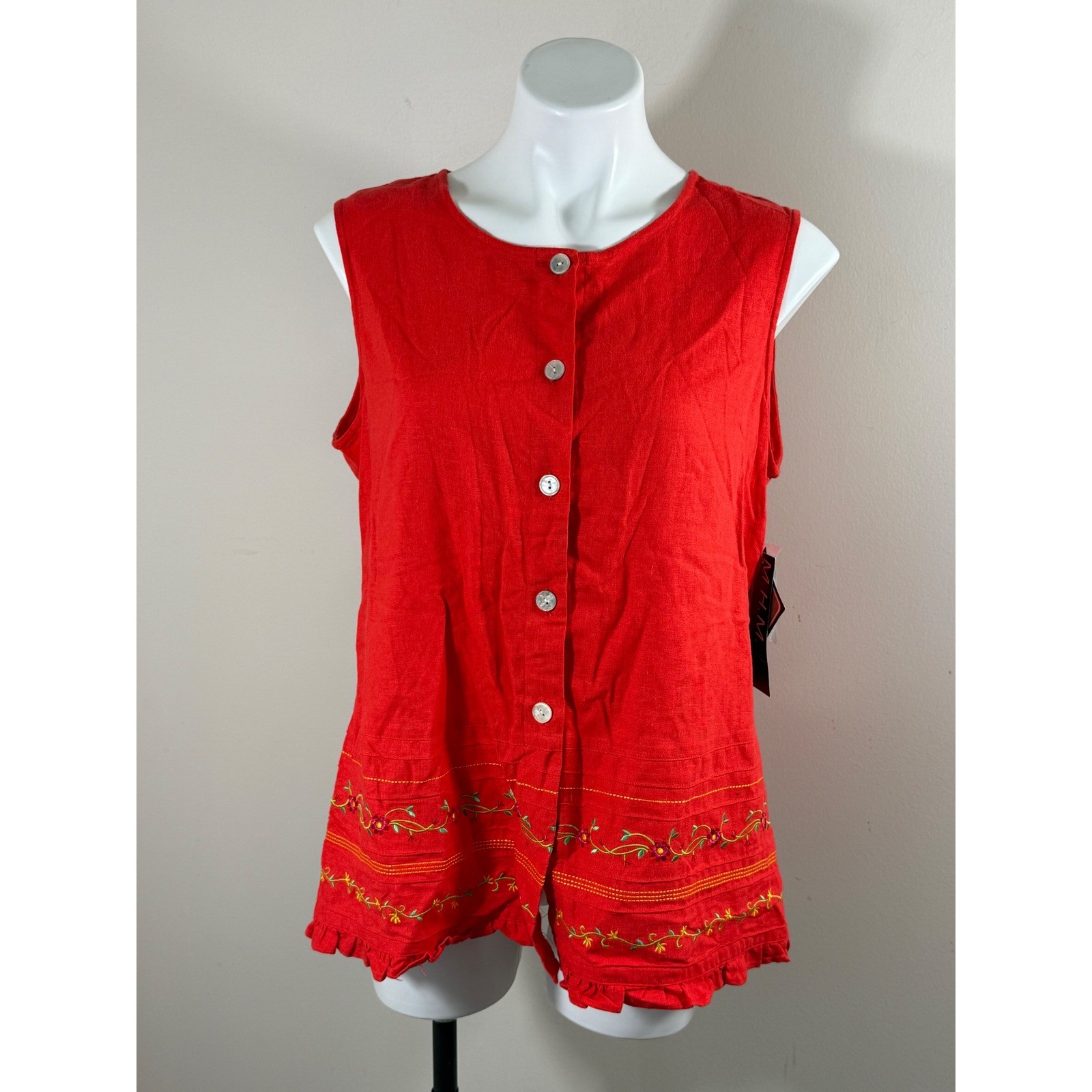 NWT Vintage Melissa Harper 55% Linen Tunic Women 14 Red Button Front Sleeveless