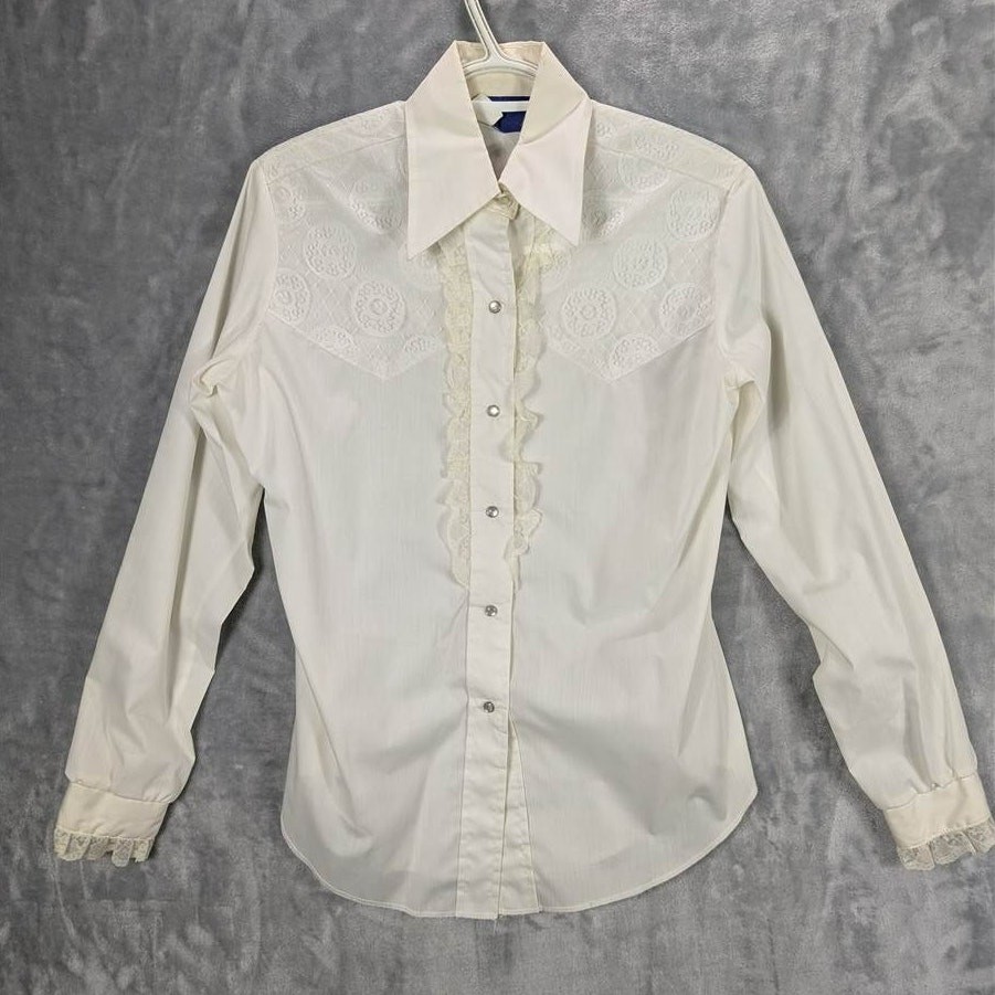 Western Pearl Snap Shirt Womens 14 White Long Sleeve Lace Yoke Ruffled Cuffs