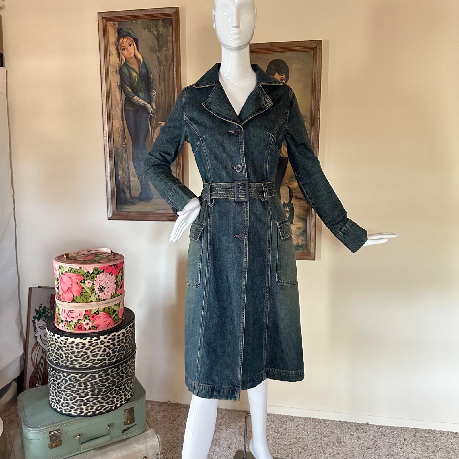 Vintage 90s Denim Trench Coat Grunge Spy Girl S