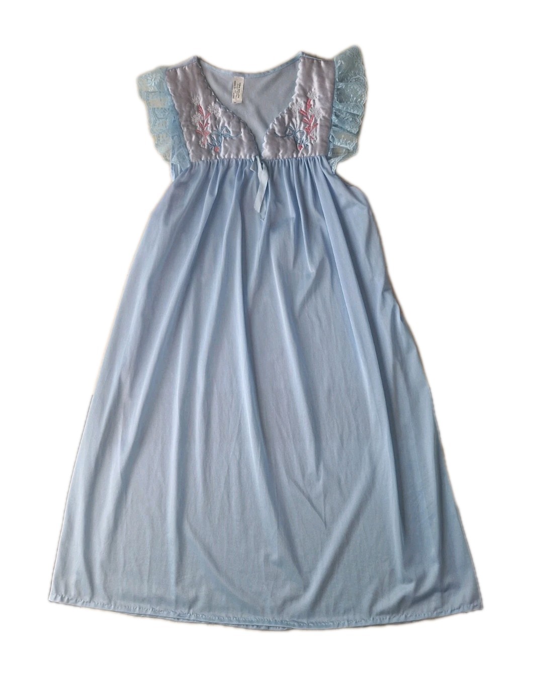 VTG Paramount Underwear Co Nylon Nightgown M Blue Lace&Floral Details Coquette