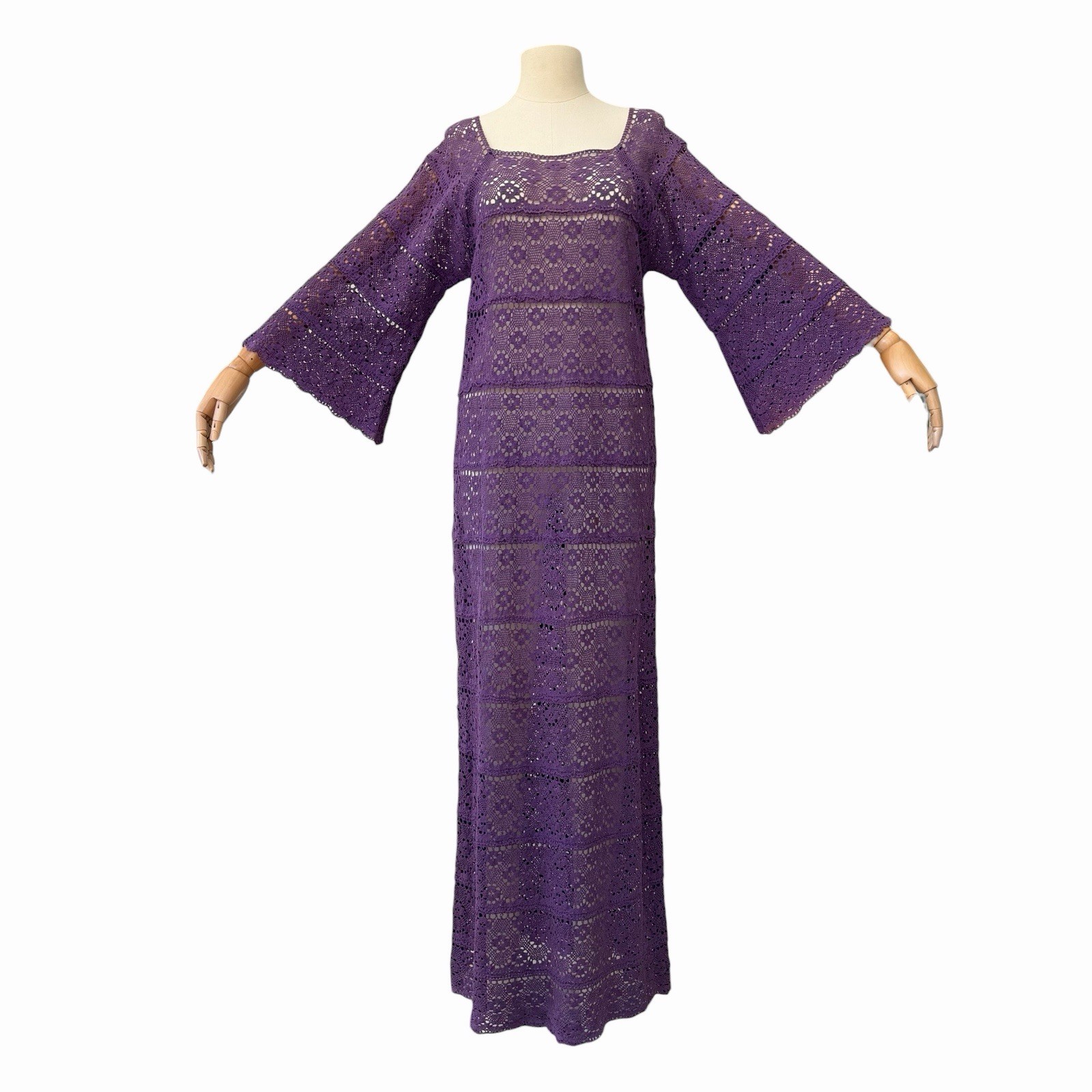 VTG 1960’s Cotton Crochet Maxi Dress, Grape Goddess, Bell Sleeves