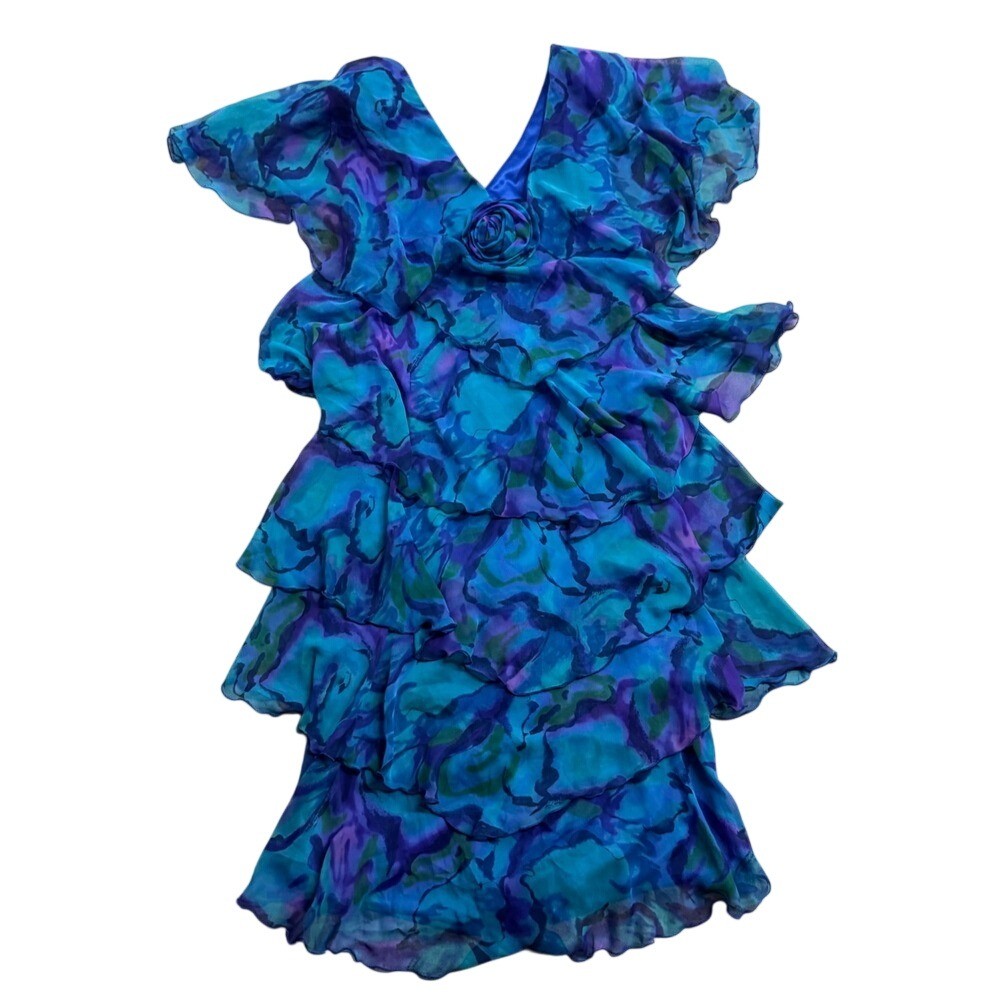 Cattiva VTG Blue Tiered Ruffle Rose Flutter Boho Mini Dress S/M Boho Y2k Retro
