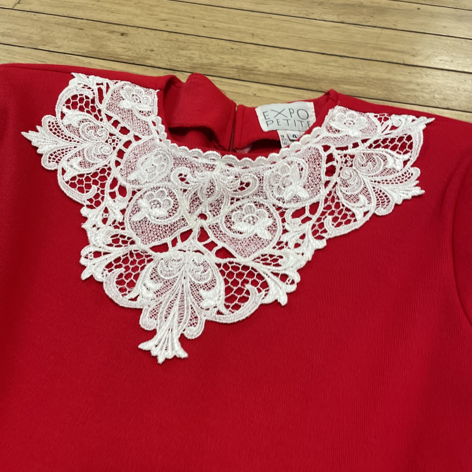 Expo Petite Vintage 1980’s Lace Trim Red Praire Dress Women 4 Wool Zip Made USA