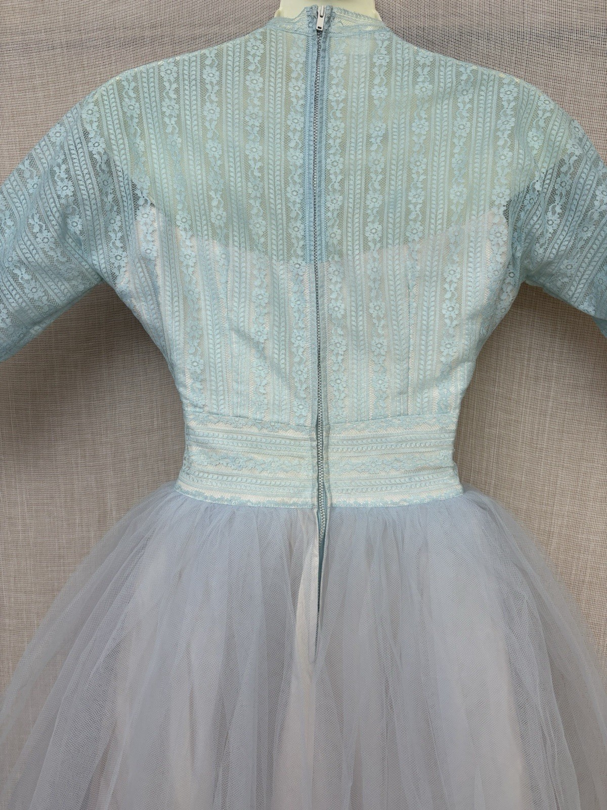 Vintage 1950s Lace Tulle Illusion Dress Wedding Bridesmaid Modest Princess XXS