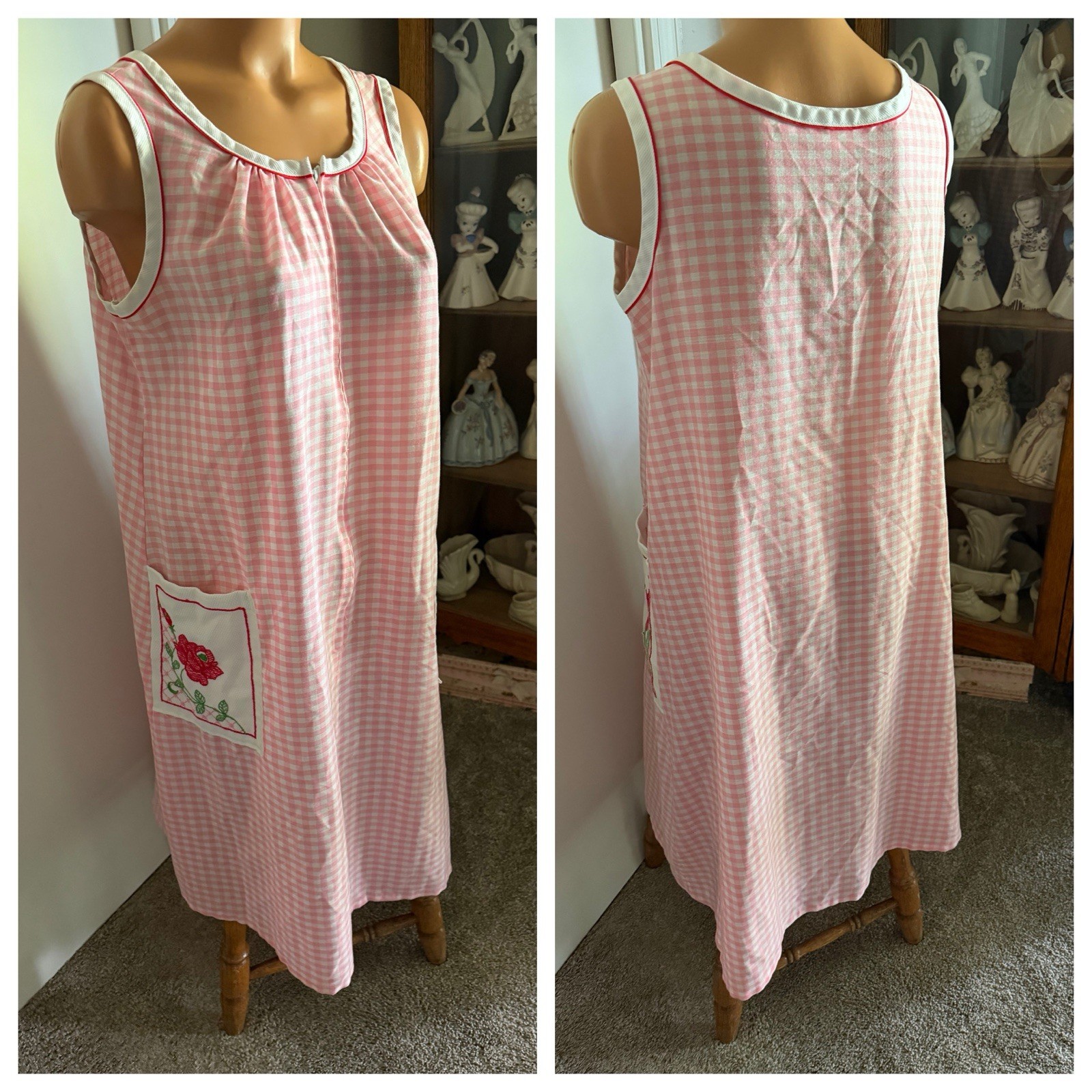 VTG 70’s KOMAR PINK CHECK W/EMBROIDERED POCKETS COTTON BLEND ZIP-UP LOUNGER SZ M