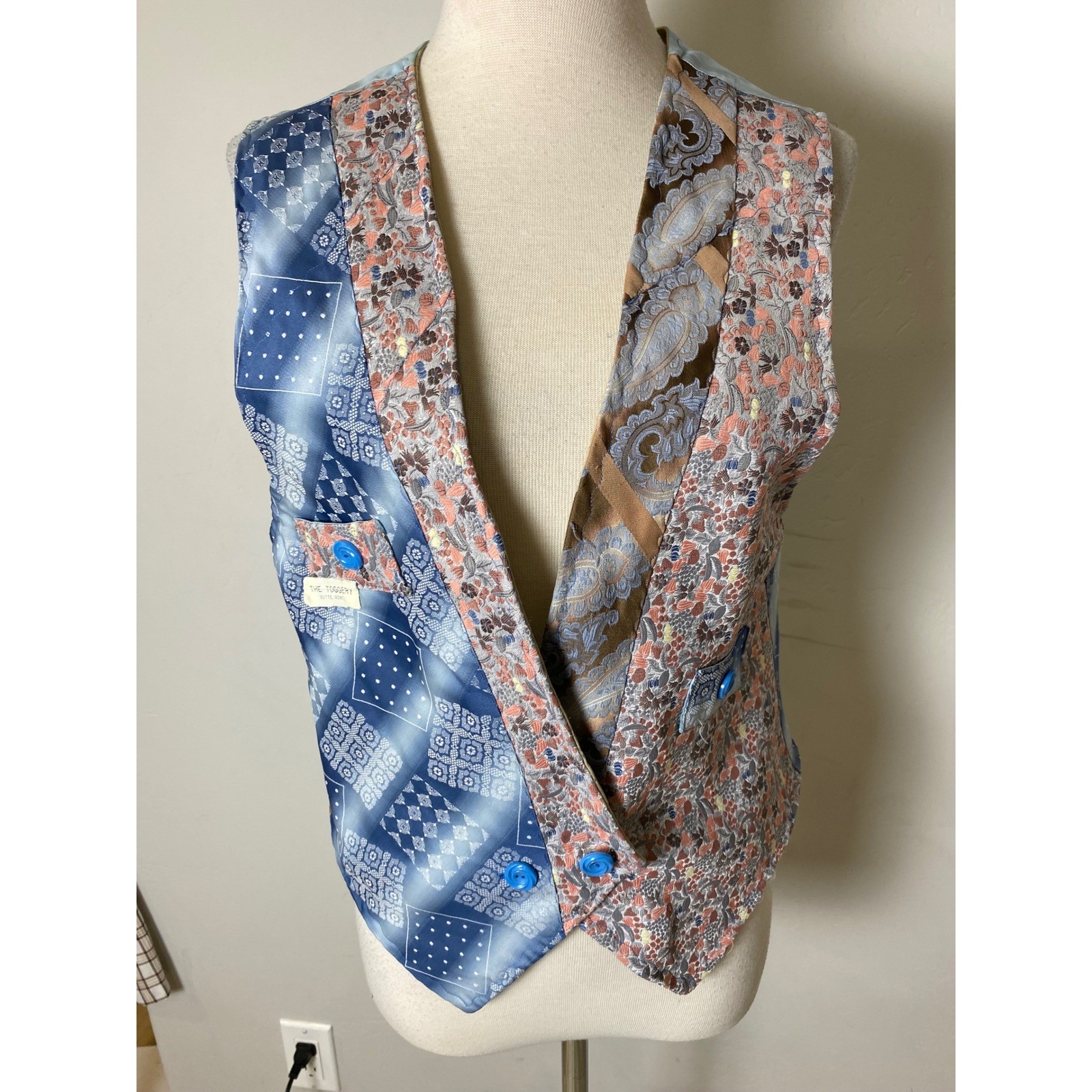 Handmade Vintage Tie Patchwork Vest Blue Paisley Floral Artisan Waistcoat Boho