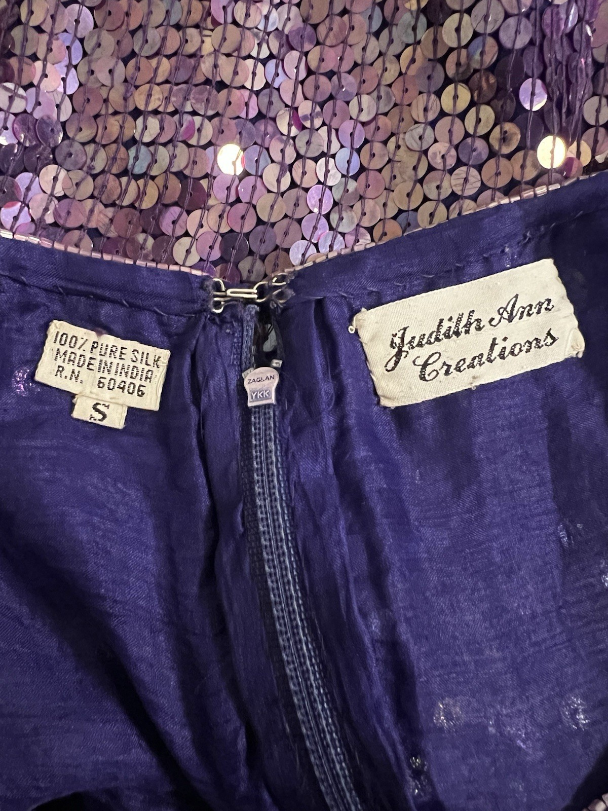 VTG Judith Ann Creations Purple Sequin Mermaid Silk Dress sz S NWT
