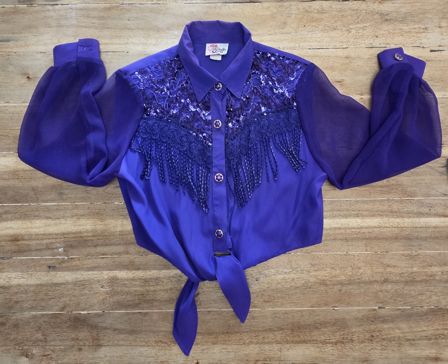 Rare VTG Jennifer Purple Fringe Sequins Western Button Up Blouse Women L USA