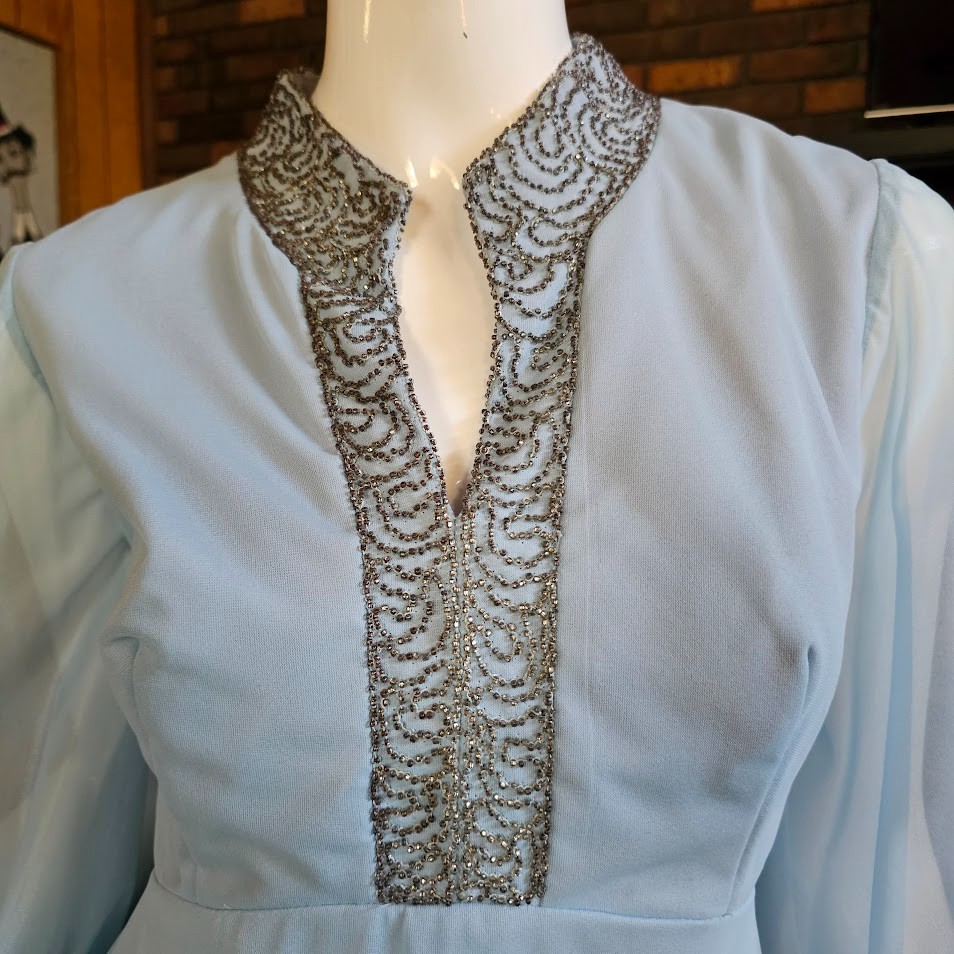 Vtg 70s Dreamy Chiffon Bishop Sleeves Powder Blue Prom Gown Bewitched Dress M