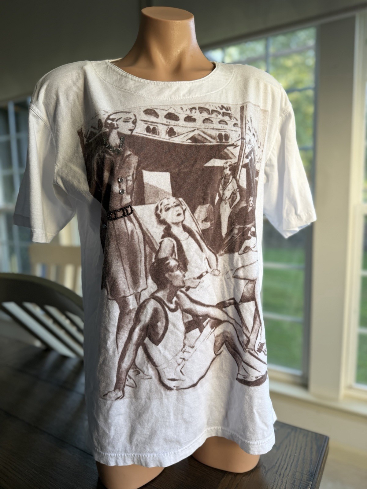 Vintage 80s Olsen Italy Graphic T-Shirt White Cotton Shoulder Pads Size 38 (M-L)