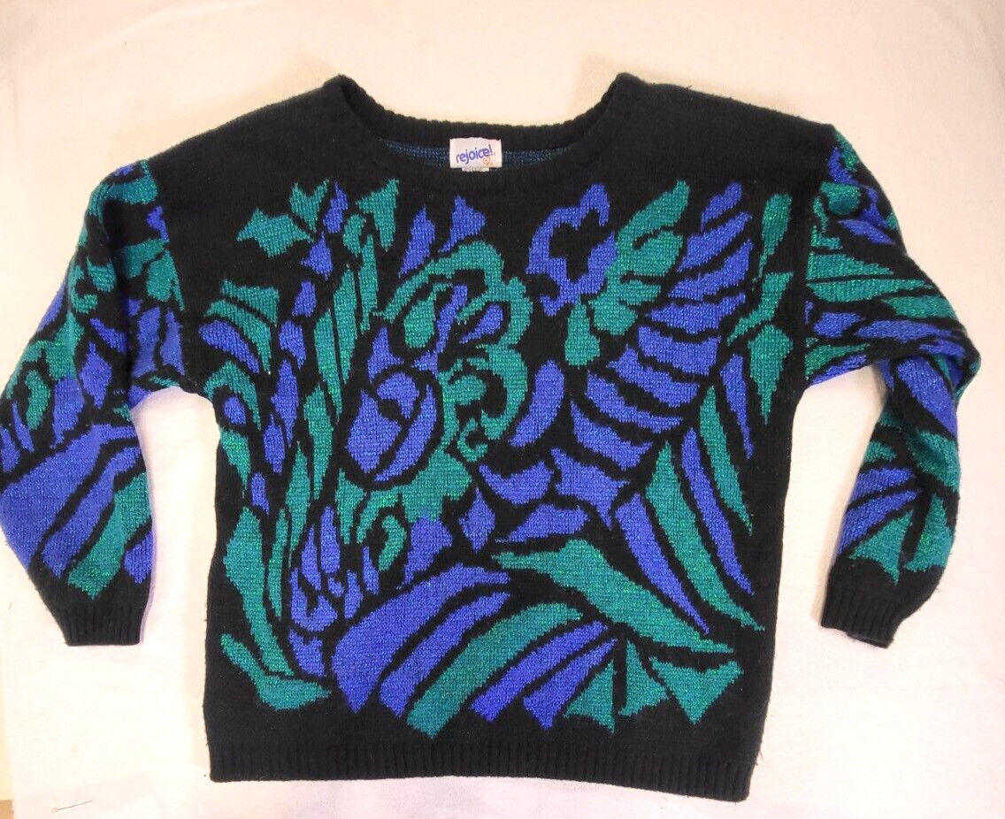 Vintage 80’s Sweater By Rejoice Abstract Design Metallic Purple Green Black 20W
