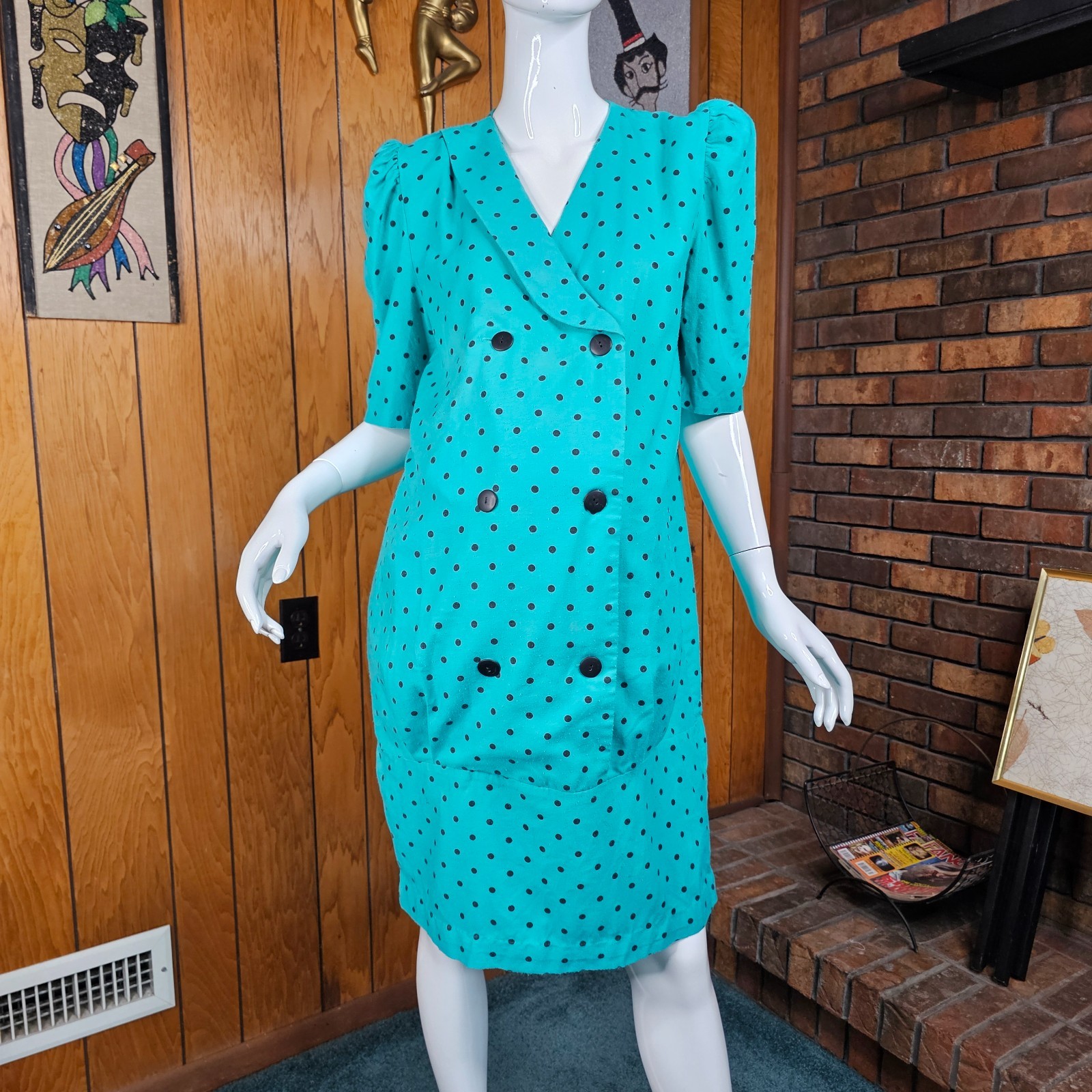 Vtg 80s New Wave Maternity Power Suit Teal Polka Dot Pencil Secretary Dress M/L