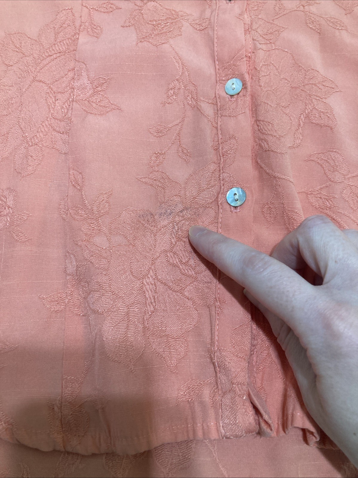 Vtg 90s Y2K Dressbarn Coral Jacquard Blouse S Ruffle 3/4 Sleeve Floral Button Up