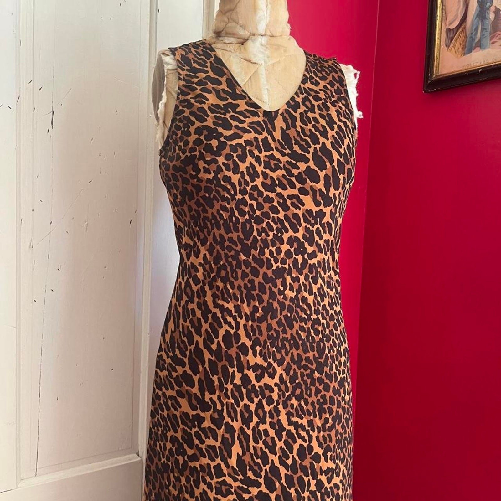 Vintage 1990s Y2K Betsey Johnson Leopard Print V-Neck Slip Glam Dress Size S