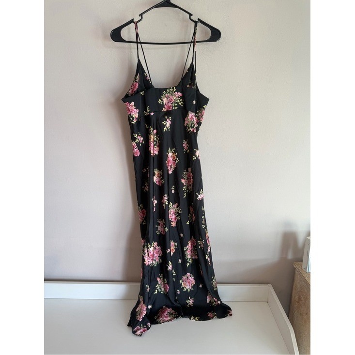 Zara Black Floral Satin Midi Slip Dress Pink Orange Botanical Print Size L
