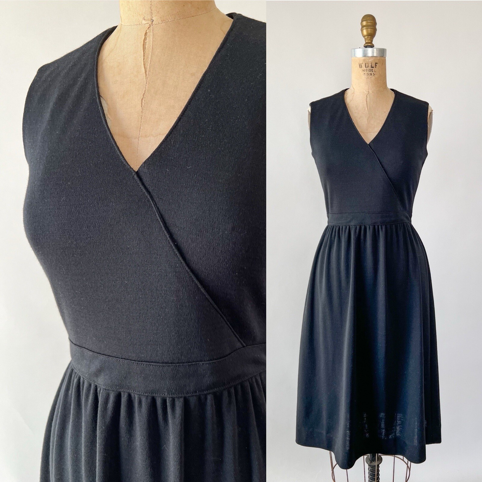 Vintage 1970s Black Knit Wool Midi Dress Sleeveless Fit & Flare Surplice Neck XS
