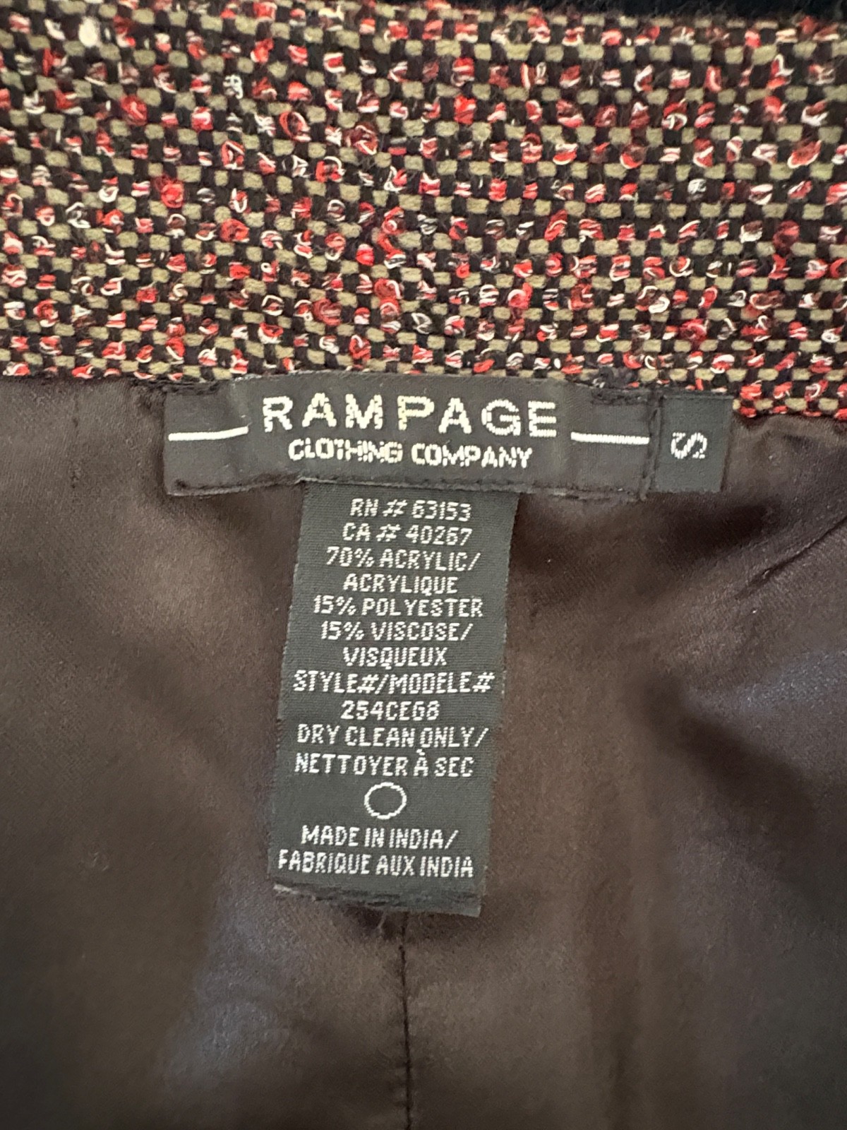 Vintage Rampage Burgundy Wine Tweed Cropped Blazer with Velvet Trim size S
