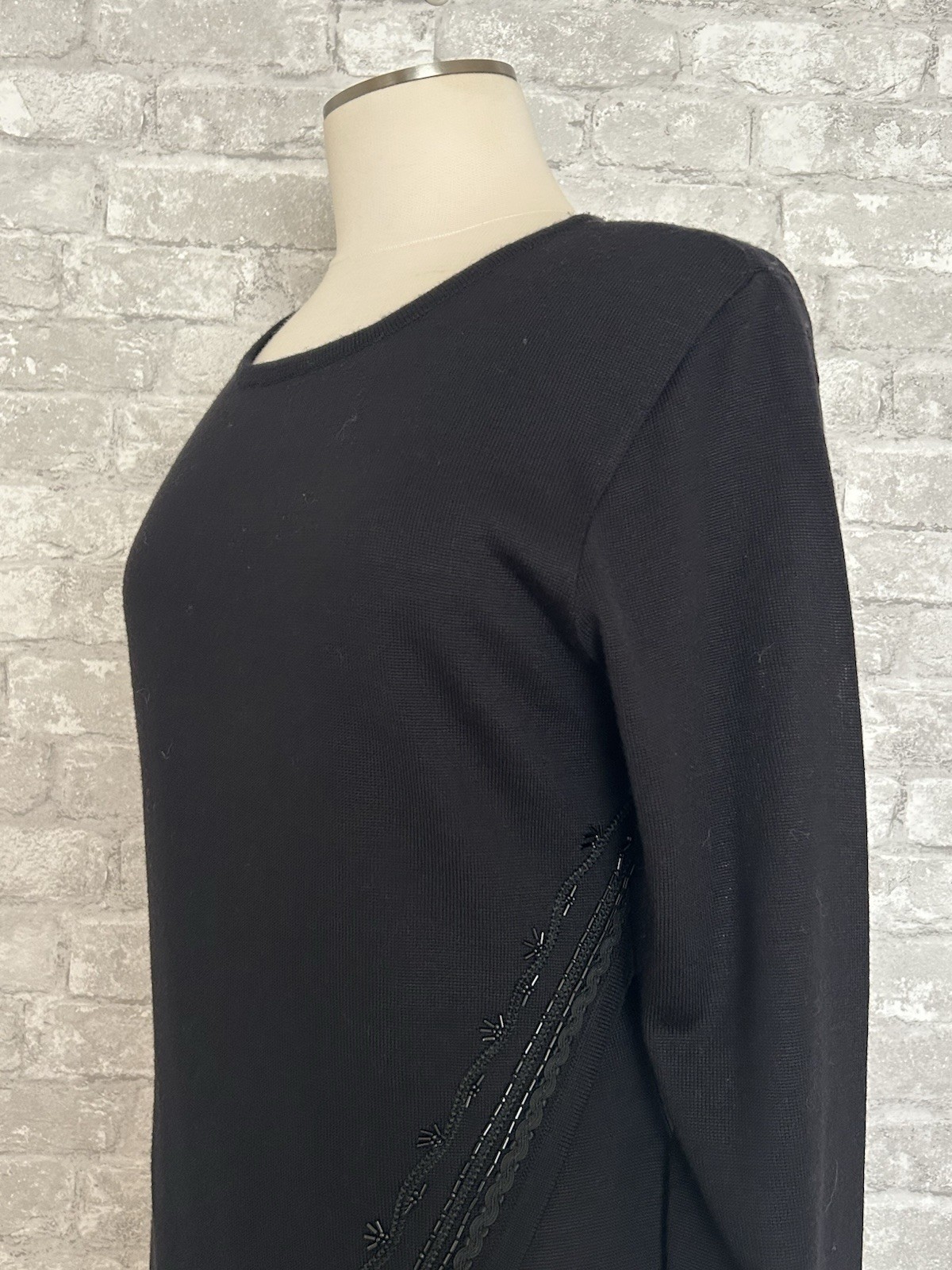 Carole Little M Vtg Black 2 Piece Skirt Set Beaded Asymmmetrical Overlap Sweater