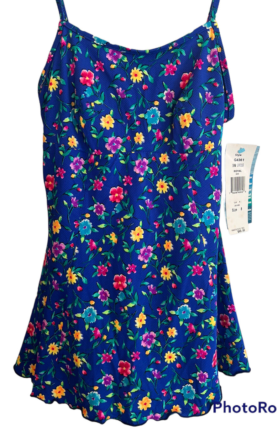 VTG 60S-70s Gabar Women Blue Floral 1 Piece Swimdress Skirted NWT SZ 8