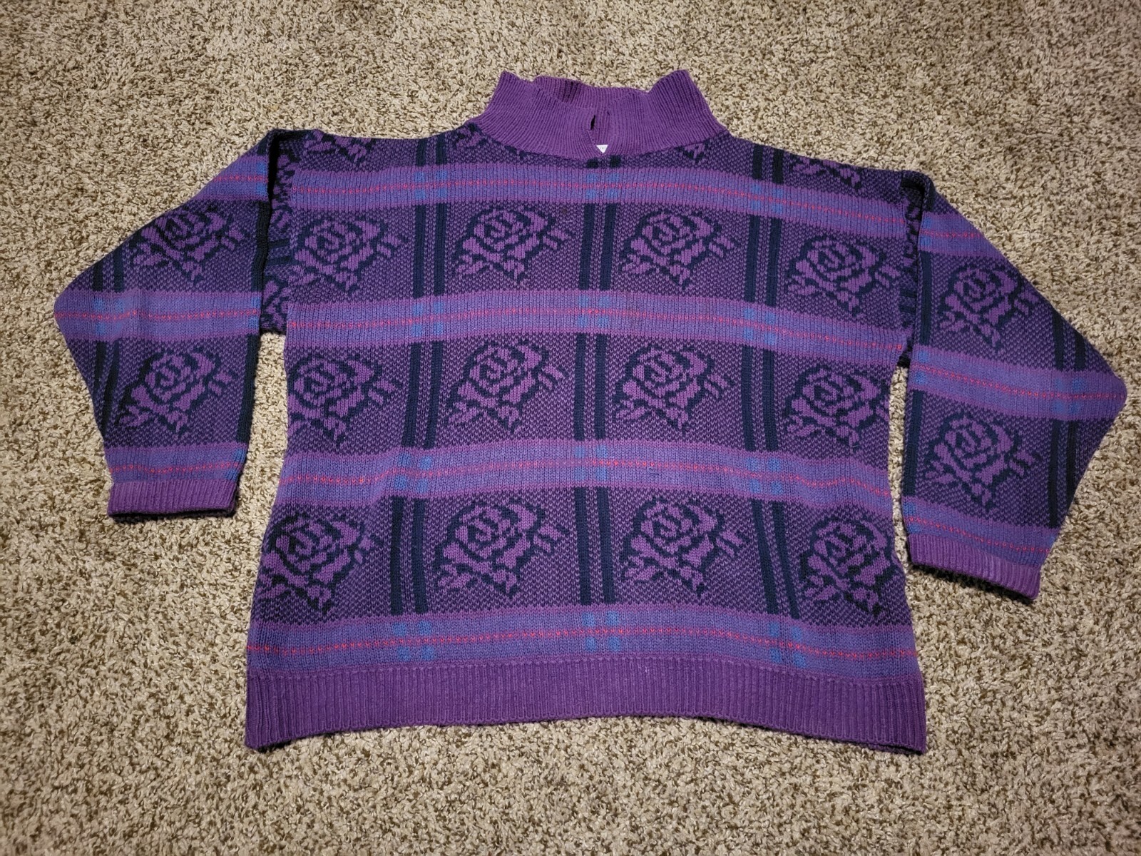 Vintage Lion Brand Womens Knitted Sweater Size Large L Purple Flower USA 80s 90s