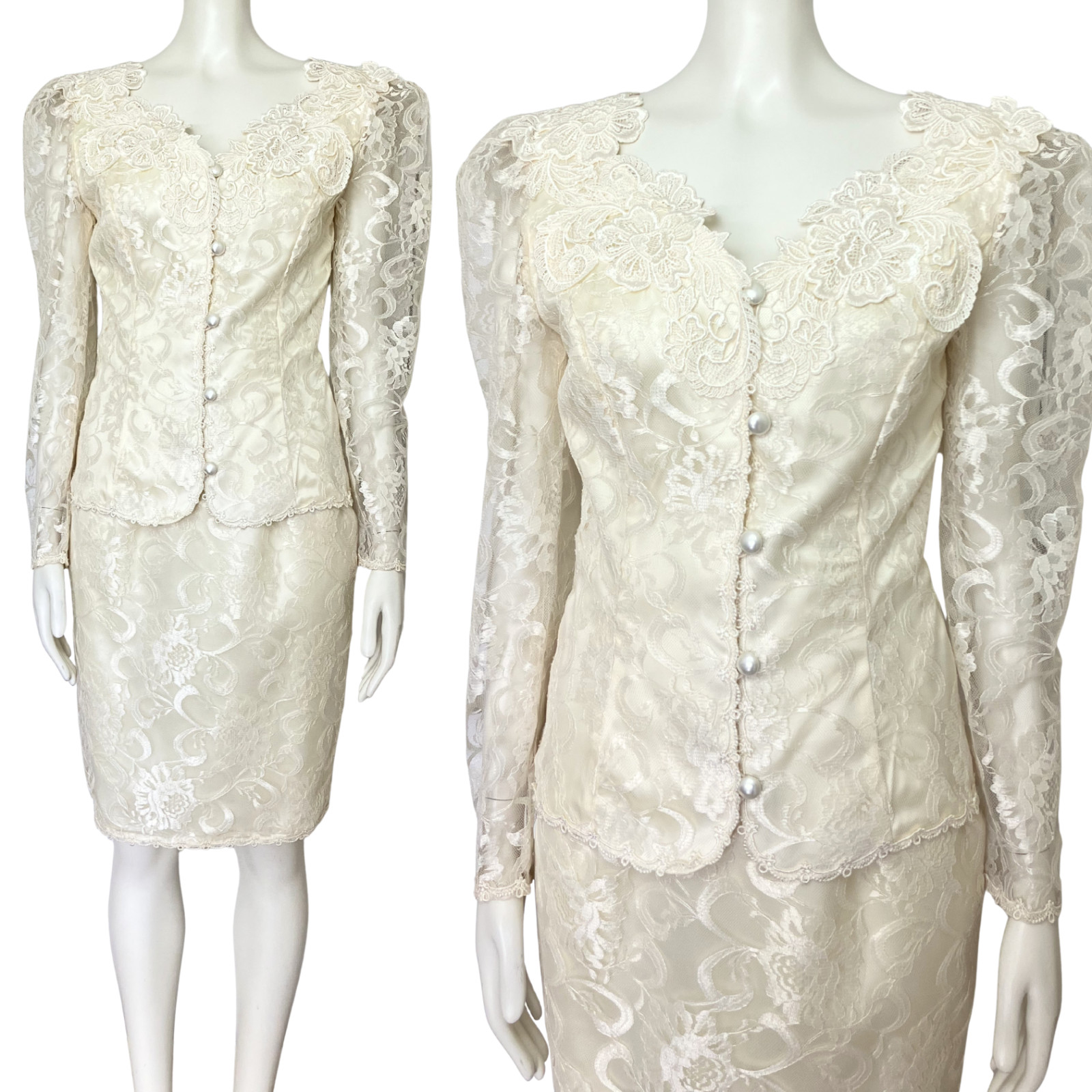 Vintage 80s Scott McClintock Ivory Lace Wedding Skirt Suit Set. XS 4. Bridal
