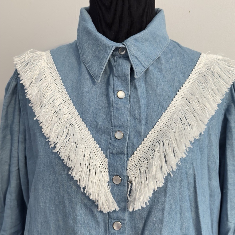 VTG PARTNERS PLEASE MALCO MODES Square Dance Western Fringe Denim Shirt Skirt LG