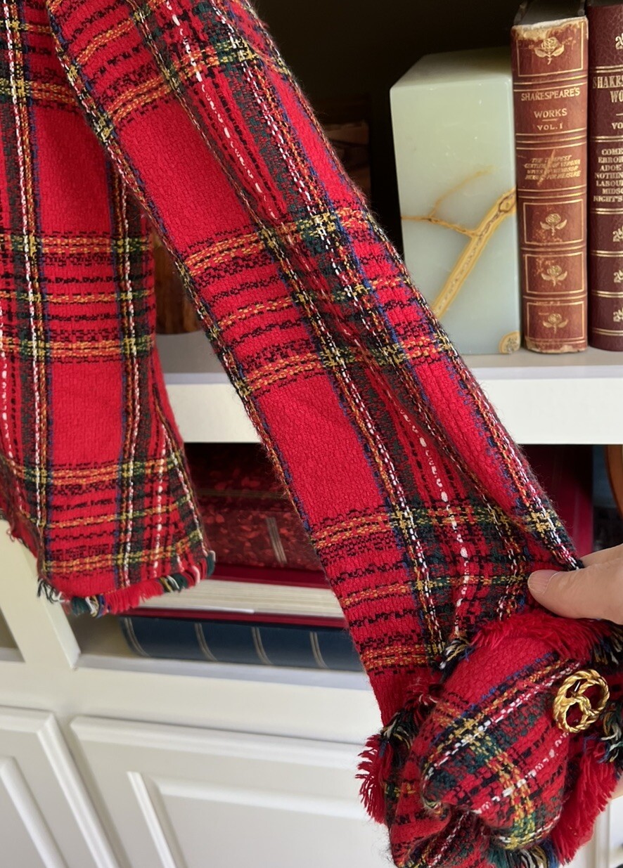 Vintage Santa Fe Red & Green Tartan Jacket Fringed Edges Cool Buttons Sz Medium