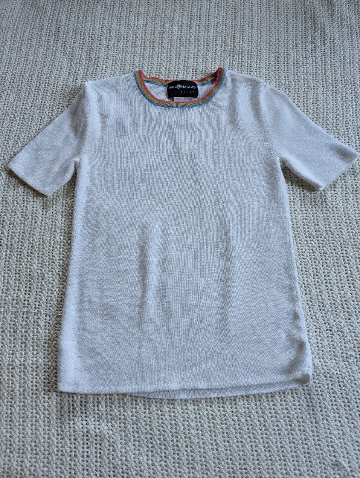 VTG Sag Harbor Short Sleeve Striped Knit T-Shirt Petite XS White Rainbow Collar