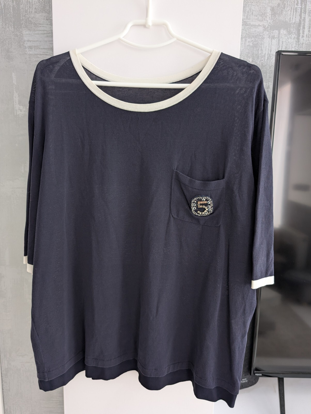 Chanel No 5 Embellished Logo Navy Silk Viscose Blouse Top T-Shirt Oversized 2XL