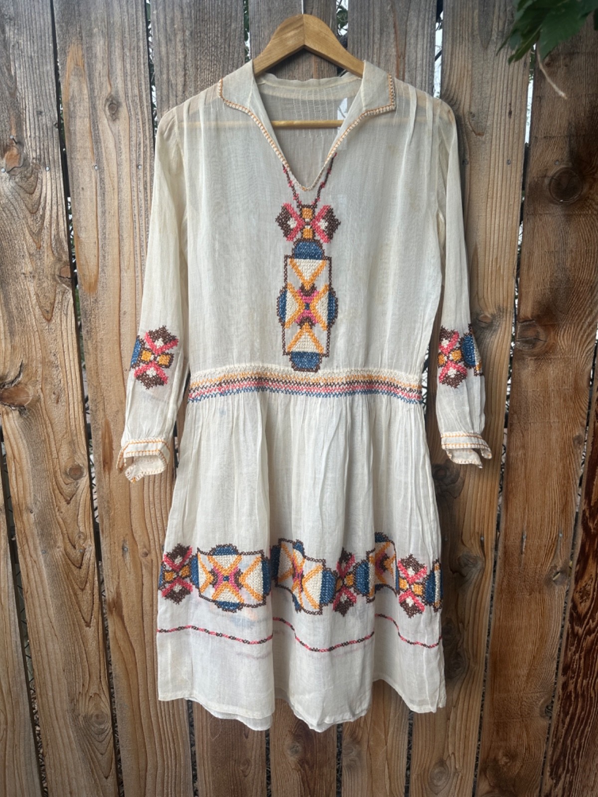 VINTAGE 20s Dress Embroidered Hungarian Peasant Dress Sheer Cotton Smocking