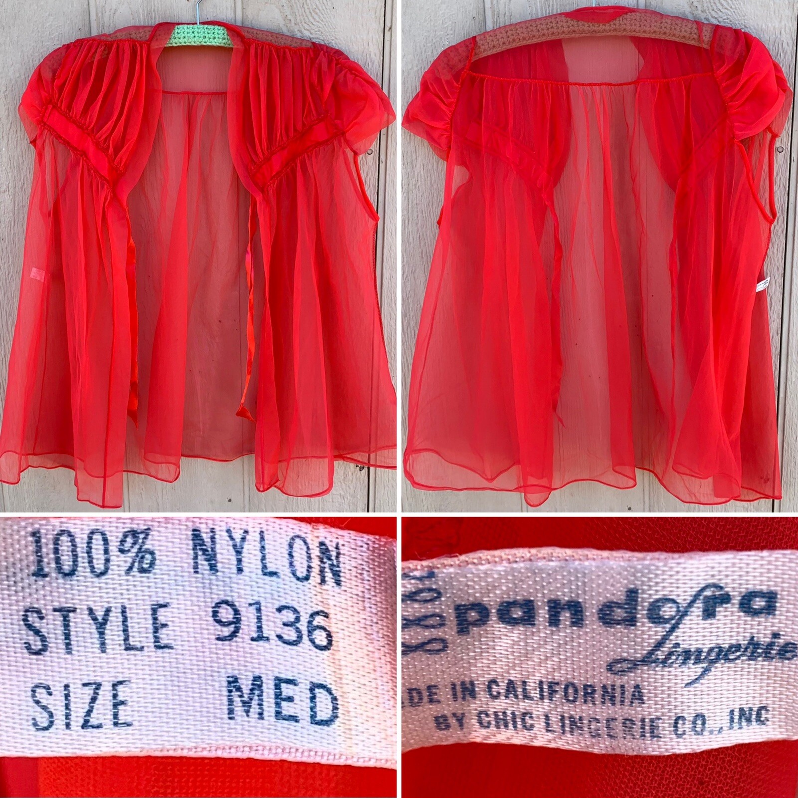 vintage Padora Lingerie made in California sheer nylon bed jacket lingerie top M