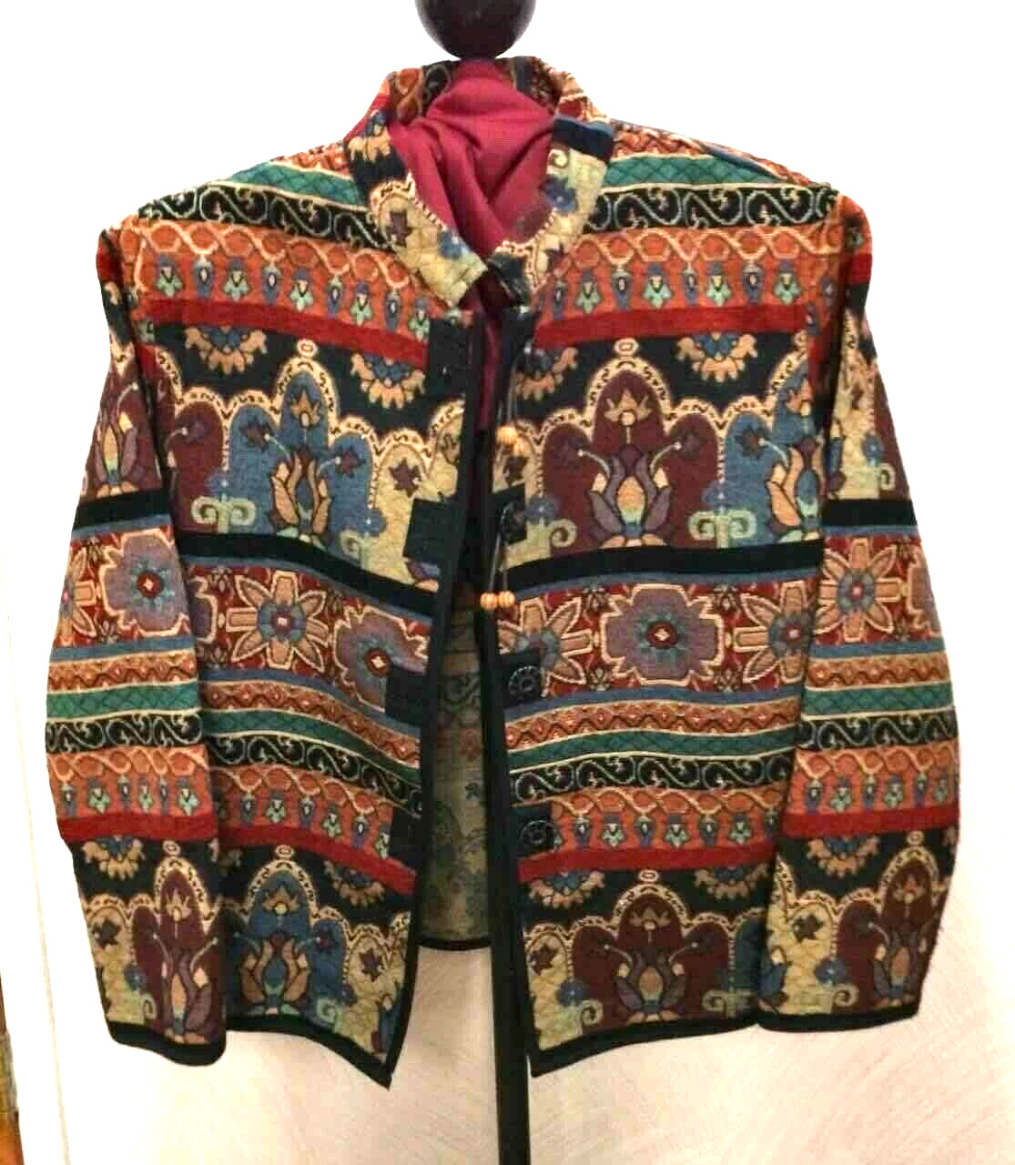 Tapestry Jacket Flashback Burgundy Green Black Womens Size L Unlined