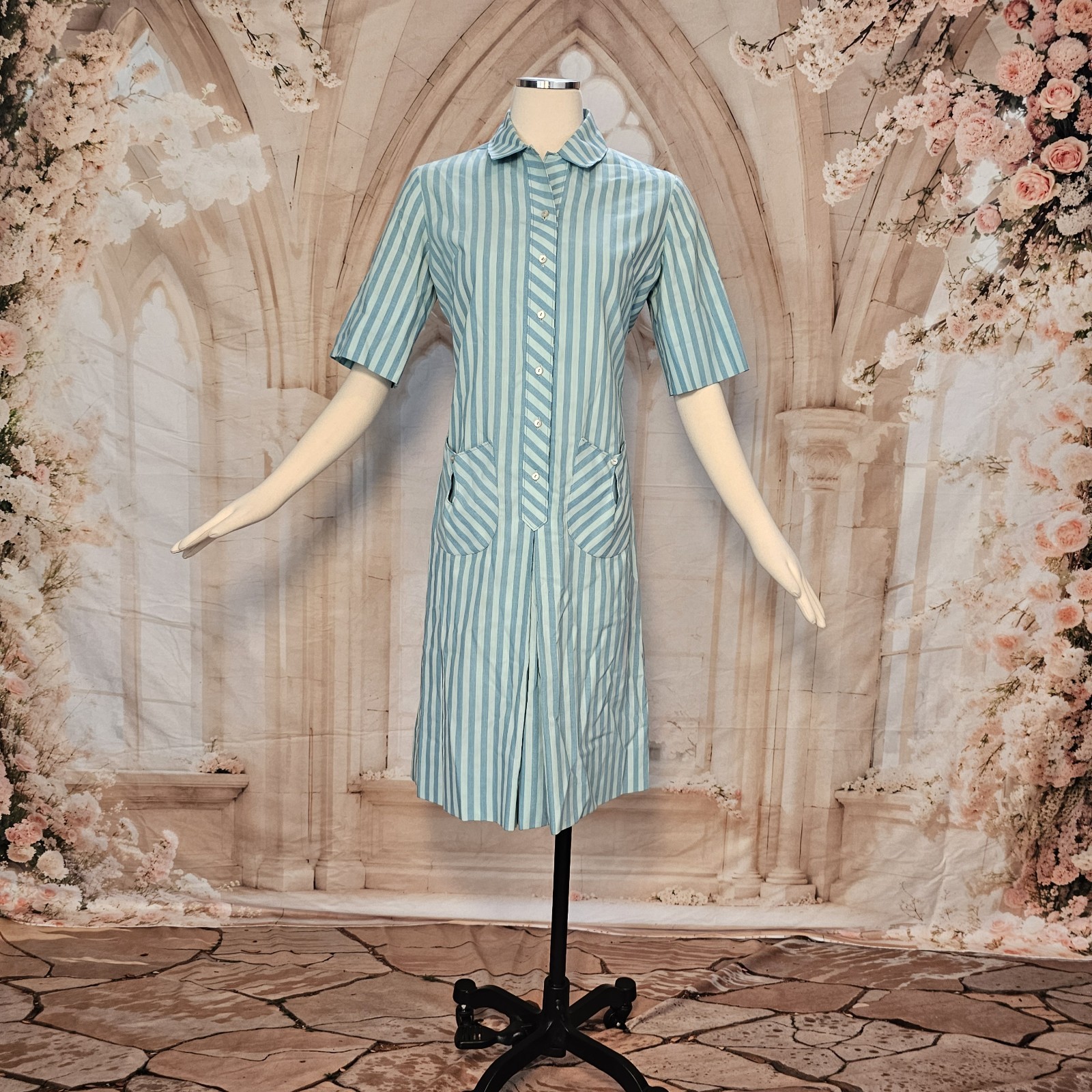 Vintage 1960’s Dress Shift Mod Blue Stripe Pockets Collar Short Sleeves Westbury