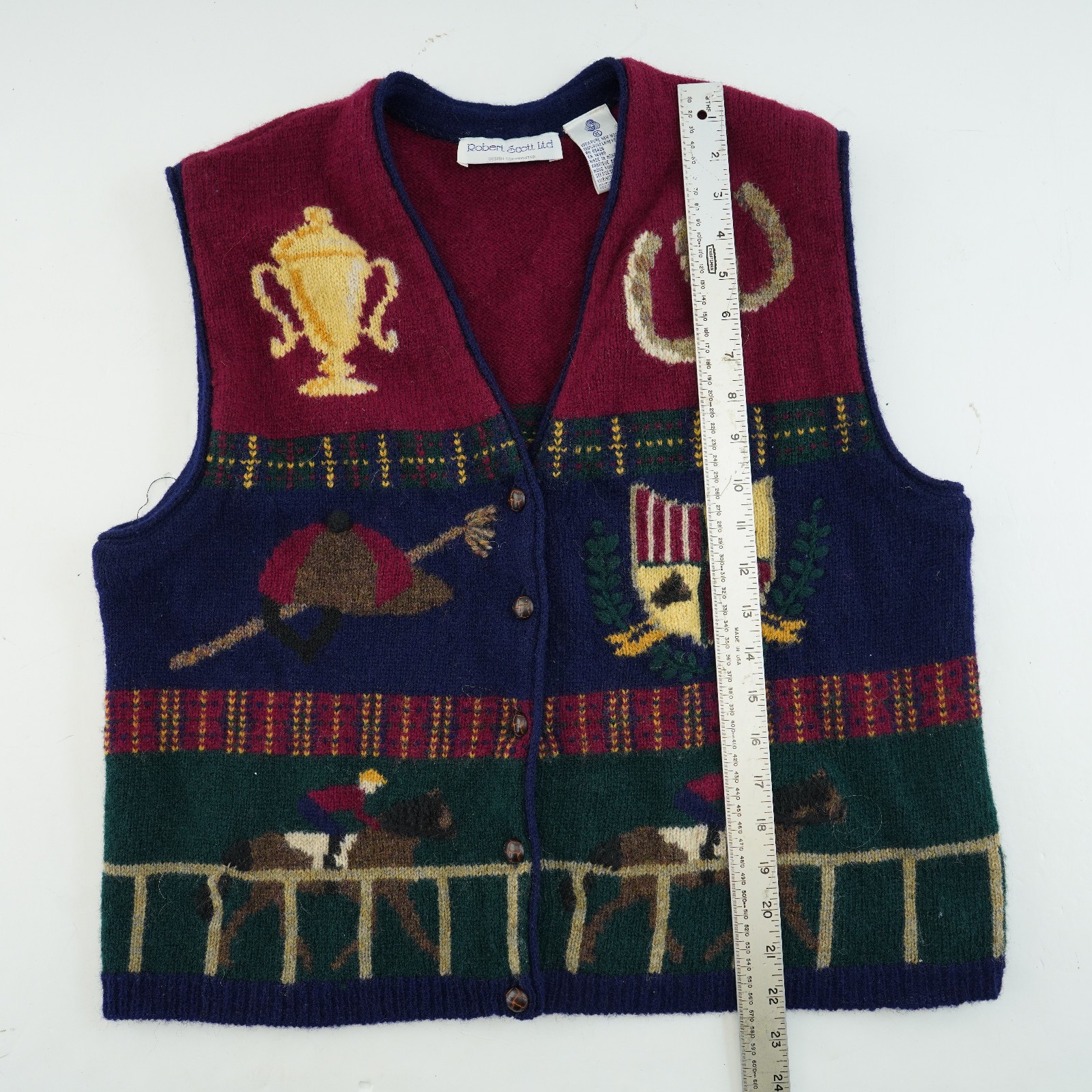 Robert Scott Ltd Vintage Sweater Vest women’s XL Hand Knit HORSE RACE equestrian