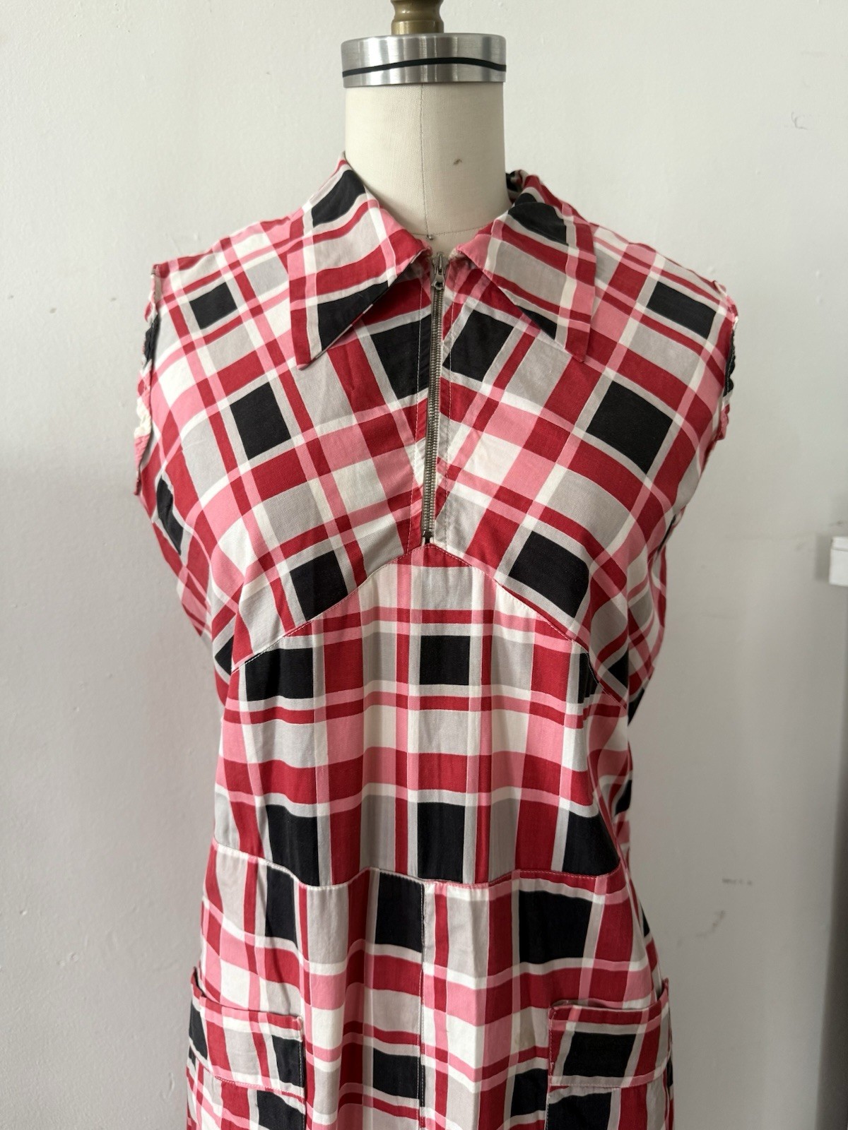 30s Glazed Cotton Plaid Pointed Collar 1/4 Zip Halter Dress Midi Sportswear S/M
