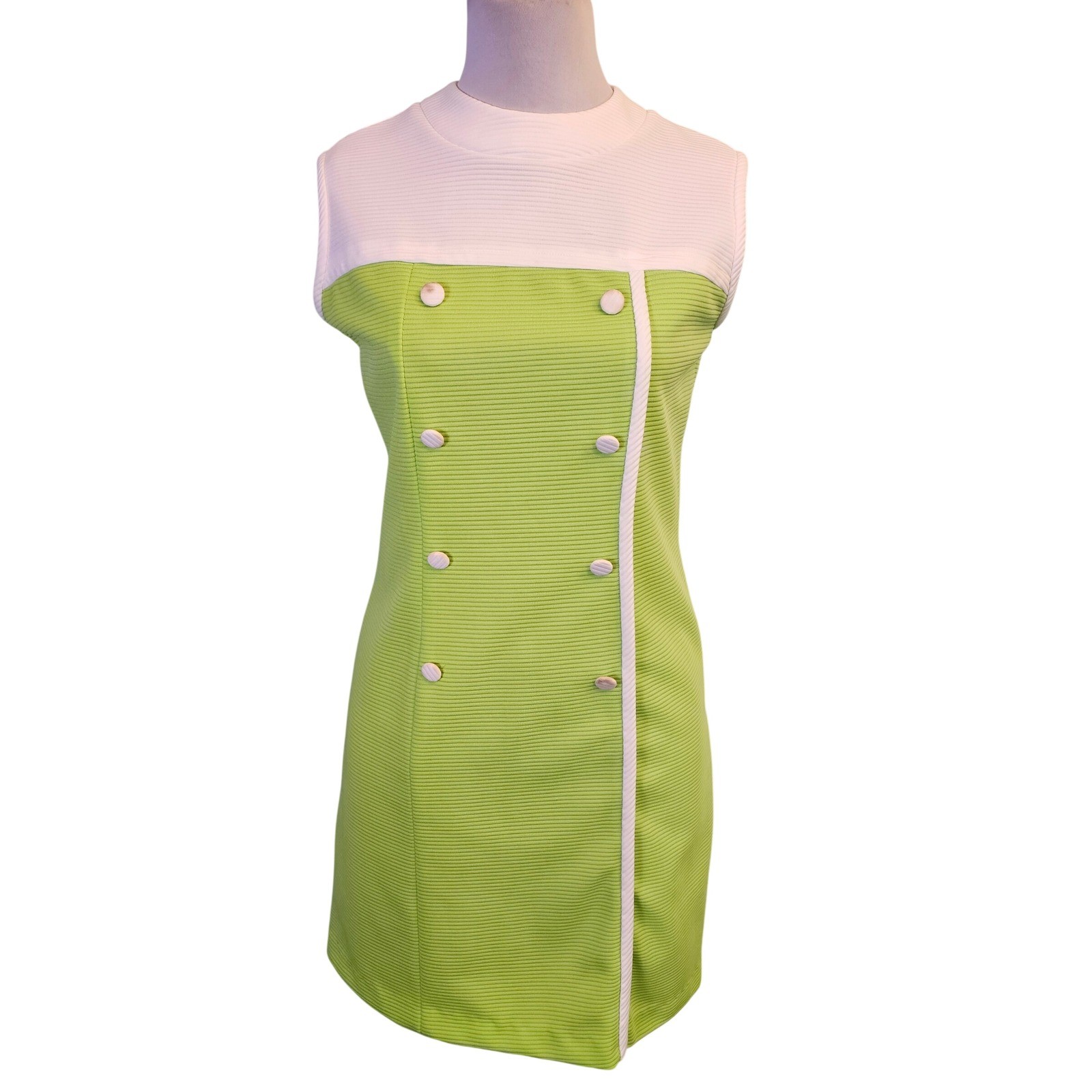 Vintage 60s Mod Lime Green White Ribbed Shift Dress ILGWU Union Made Womens XL