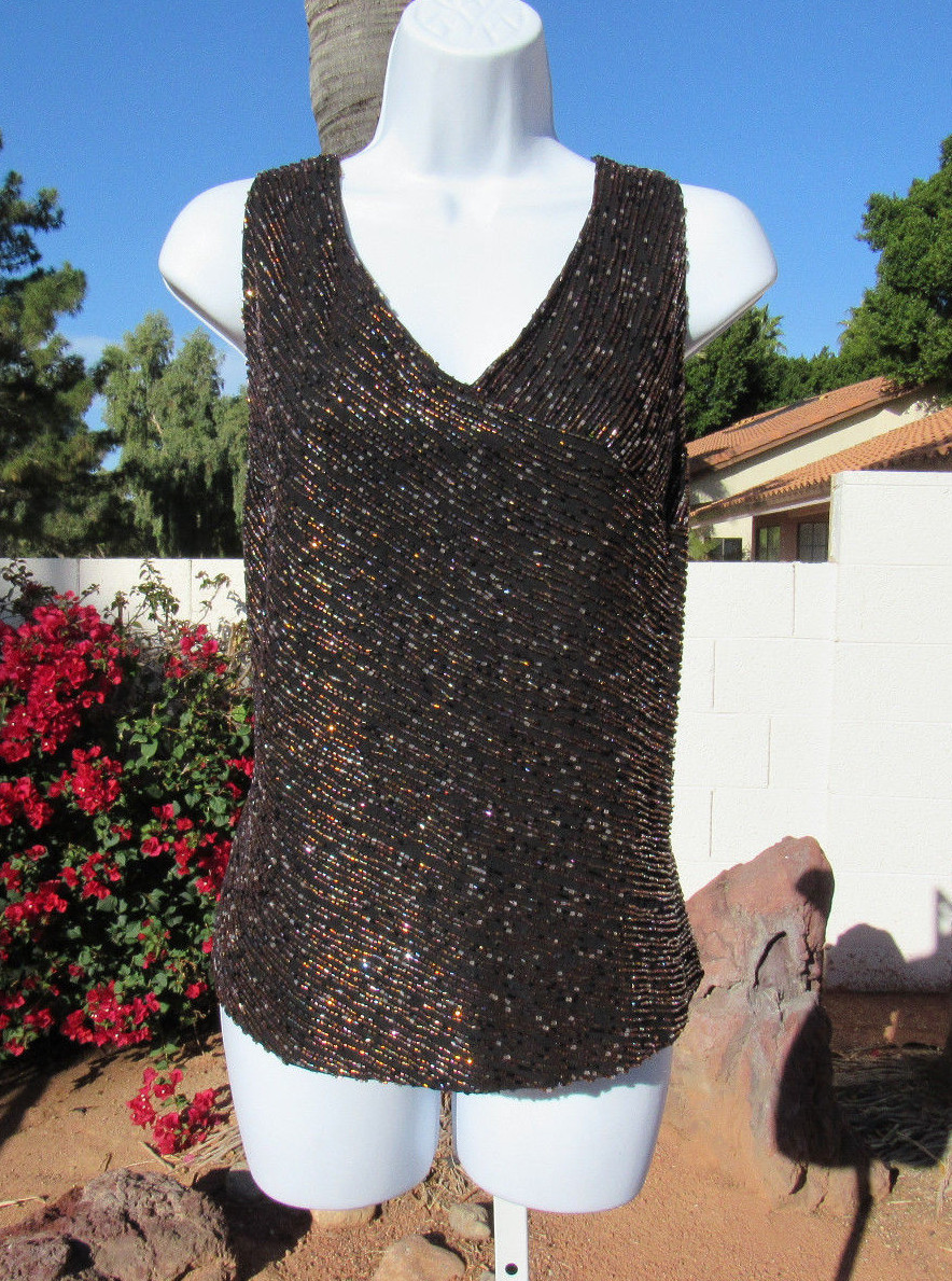 VTG 1980s 90s JKARA BEADED SLEEVELESS TOP SIZE 12 BLACK FULLY LINED MADE INDIA