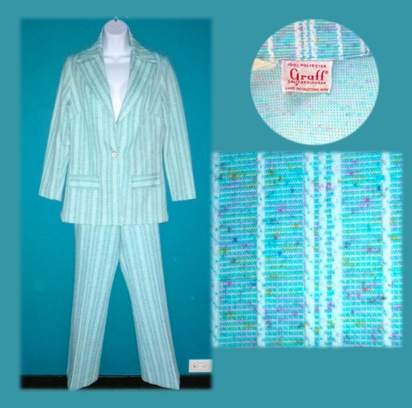 Vtg 70s Graff Textured Stretch Poly Pant Suit Aqua Colored Flecks Sz S