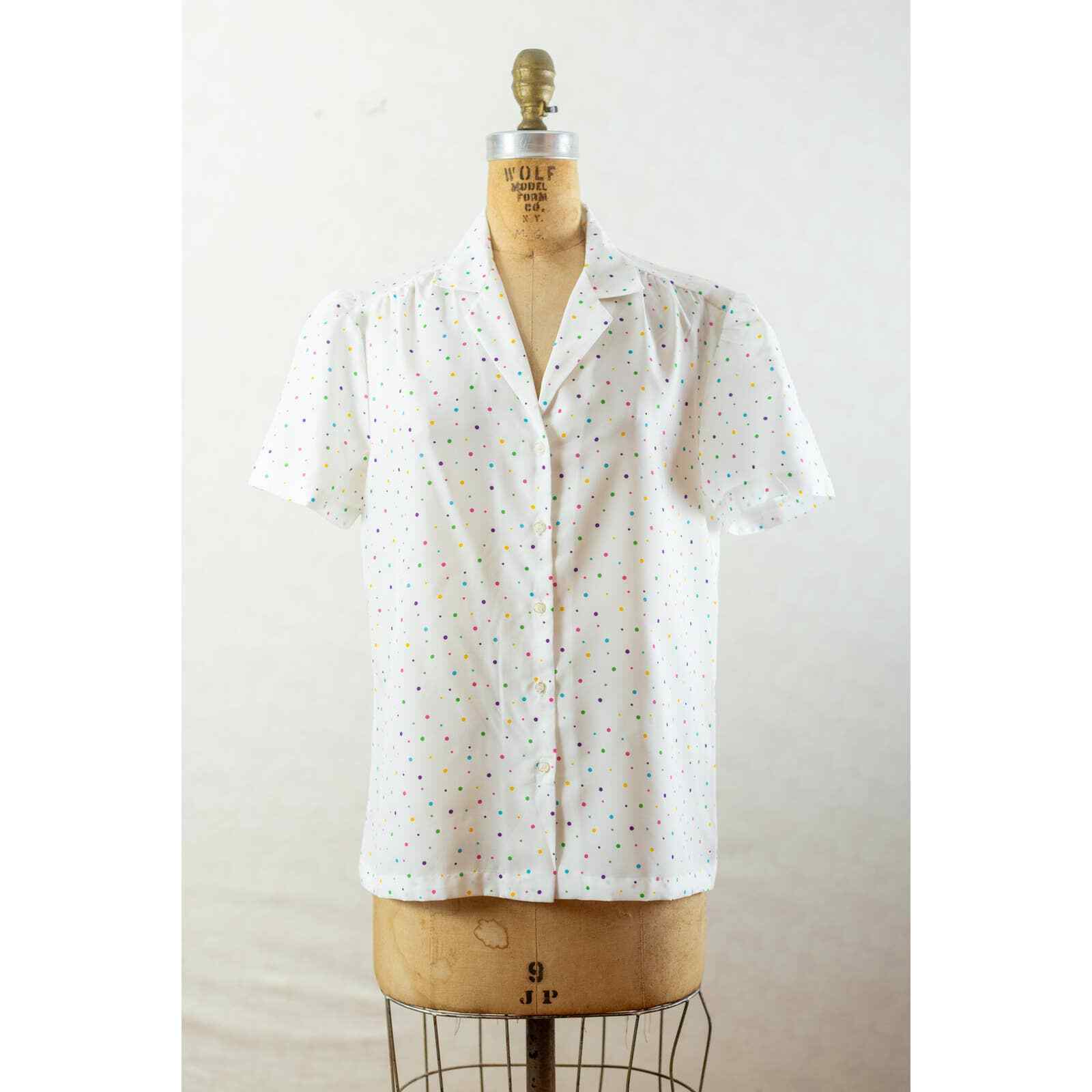 Vintage 80s Colorful Confetti Dot Blouse, Silky Polyester, Button Front, Med Lg
