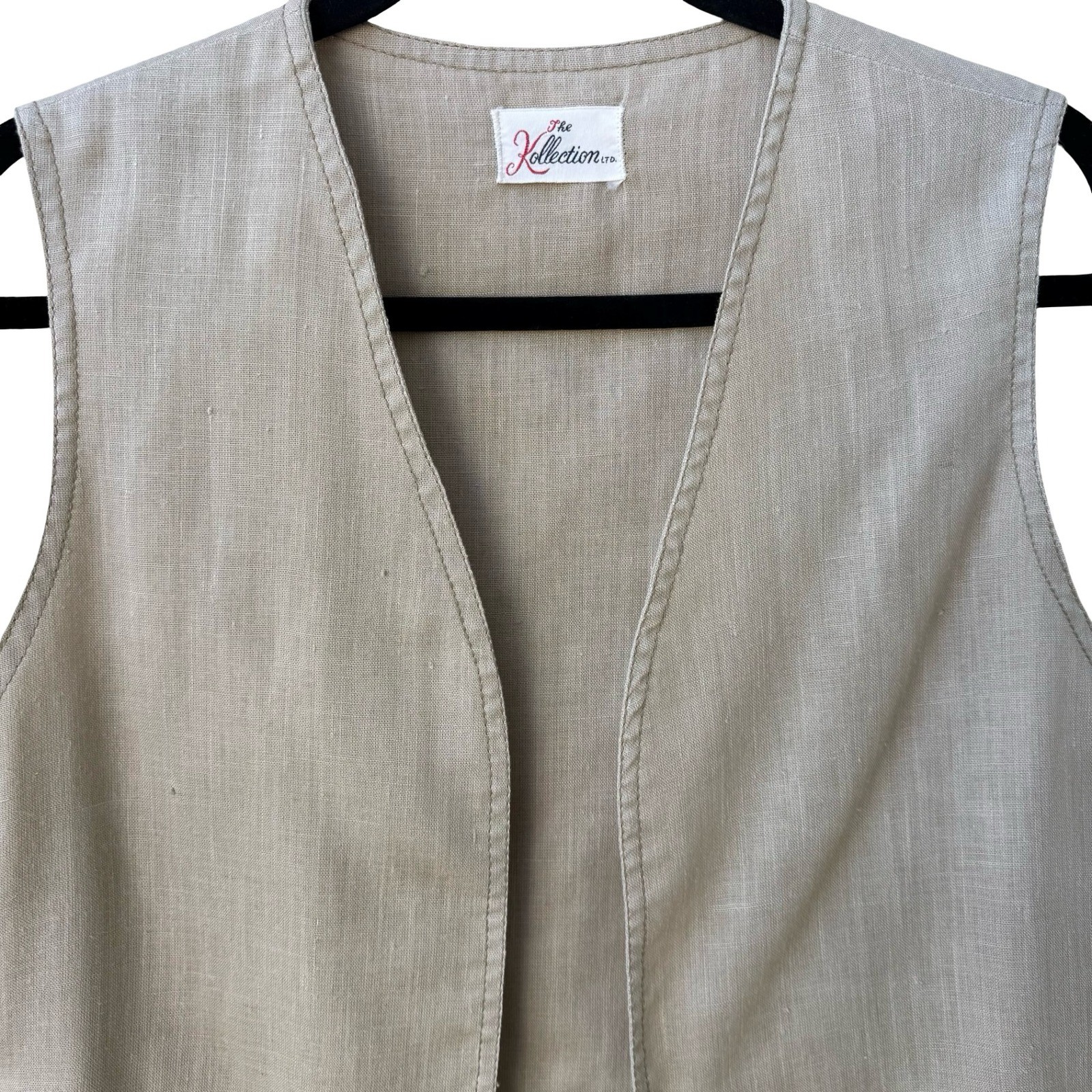 The Kollection Ltd Vintage 70s Beige Linen Open Front Cropped Vest Womens Tan