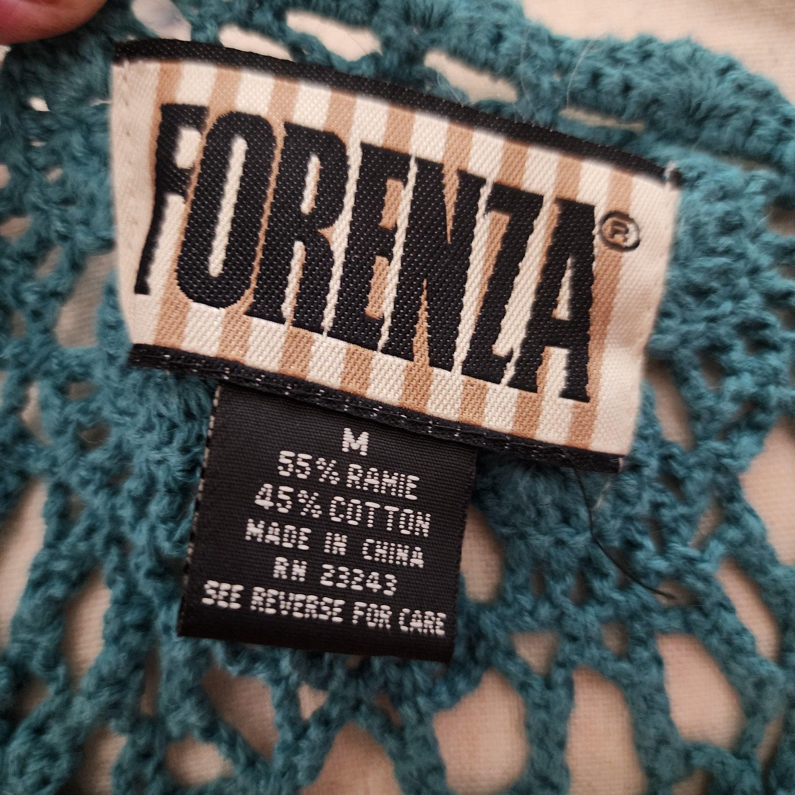 Forenza Vintage 80s Teal Crochet Tunic Lacy Openwork Floral Top Womens Medium
