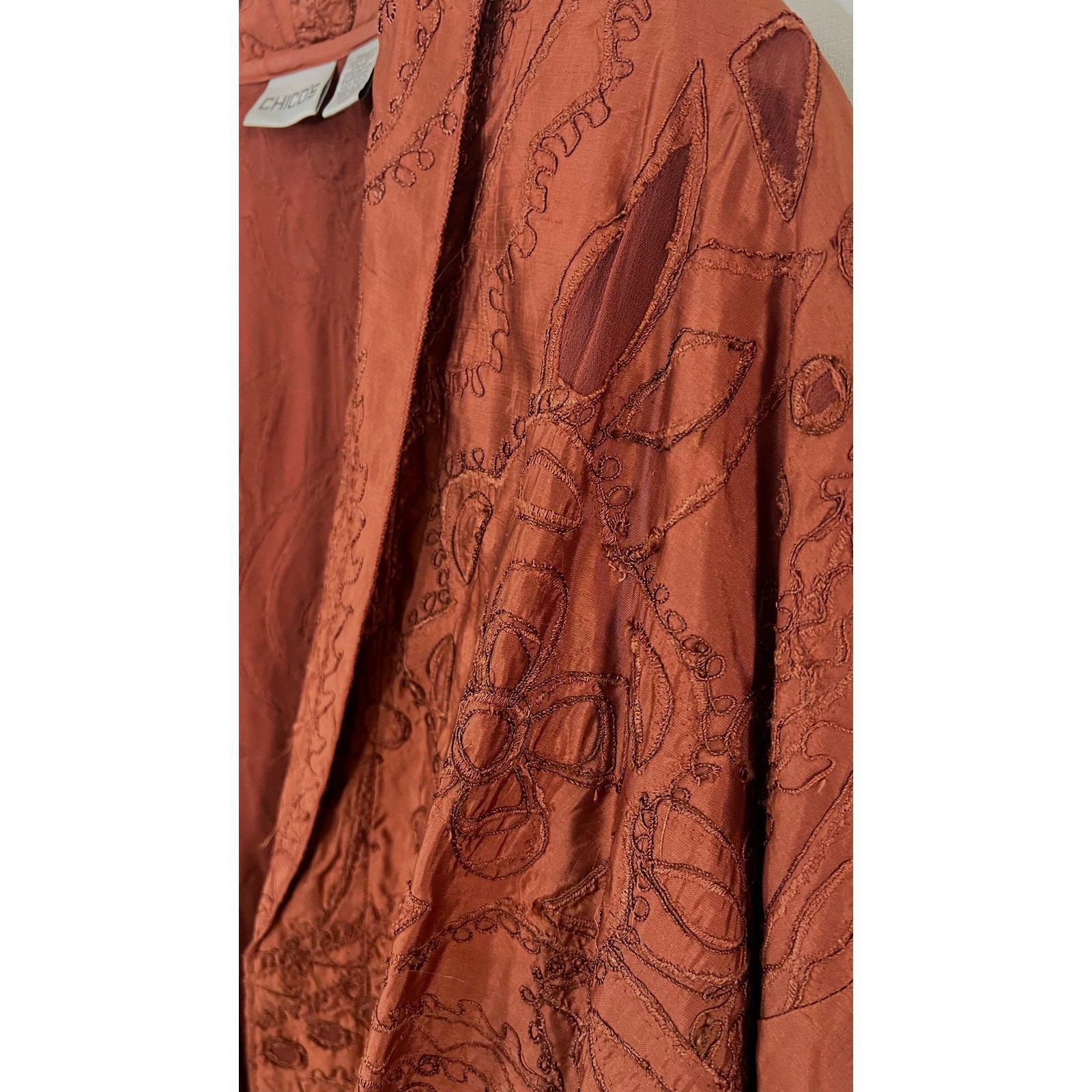 Vtg 90s Chico’s Design 100% Silk Embroidered Jacket Rust Art to Wear OS